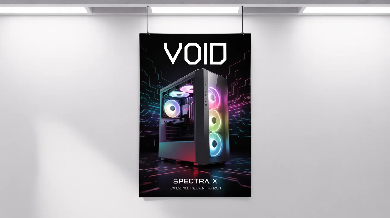 A professionally designed poster for a gaming PC named 'VOID SPECTRA X', featuring a glowing blue and pink computer tower on a futuristic background, all shown as a mockup on a white surface.