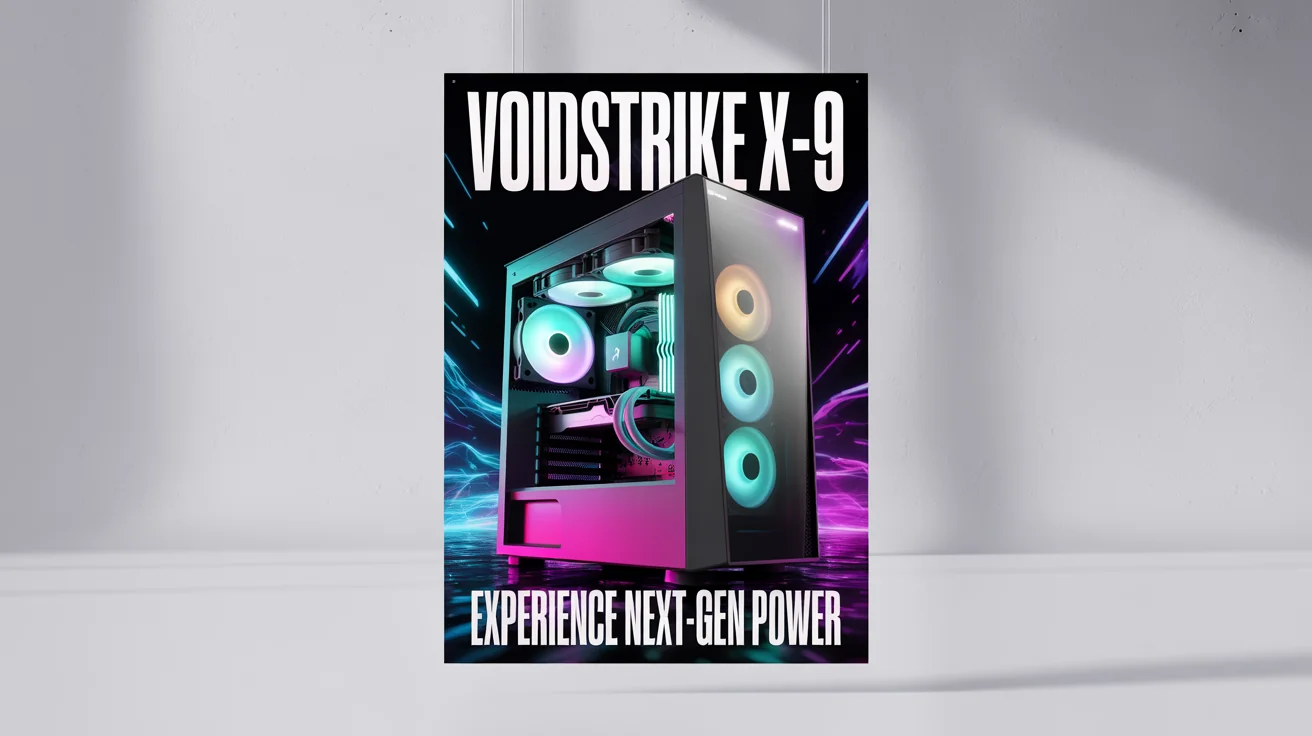 A poster for a high-end gaming PC named 'VOIDSTRIKE X-9', featuring a sleek black computer tower with glowing blue and purple internal components, set against a dark futuristic background.