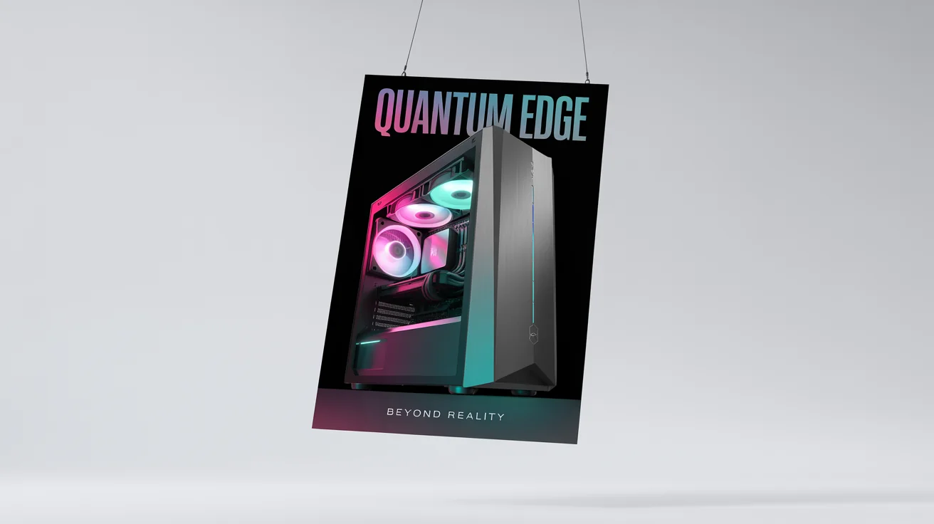 A poster for a gaming PC named 'QUANTUM EDGE'. It shows a futuristic black computer tower with glowing pink and blue lights inside, against a dark background, with the tagline 'BEYOND REALITY'.