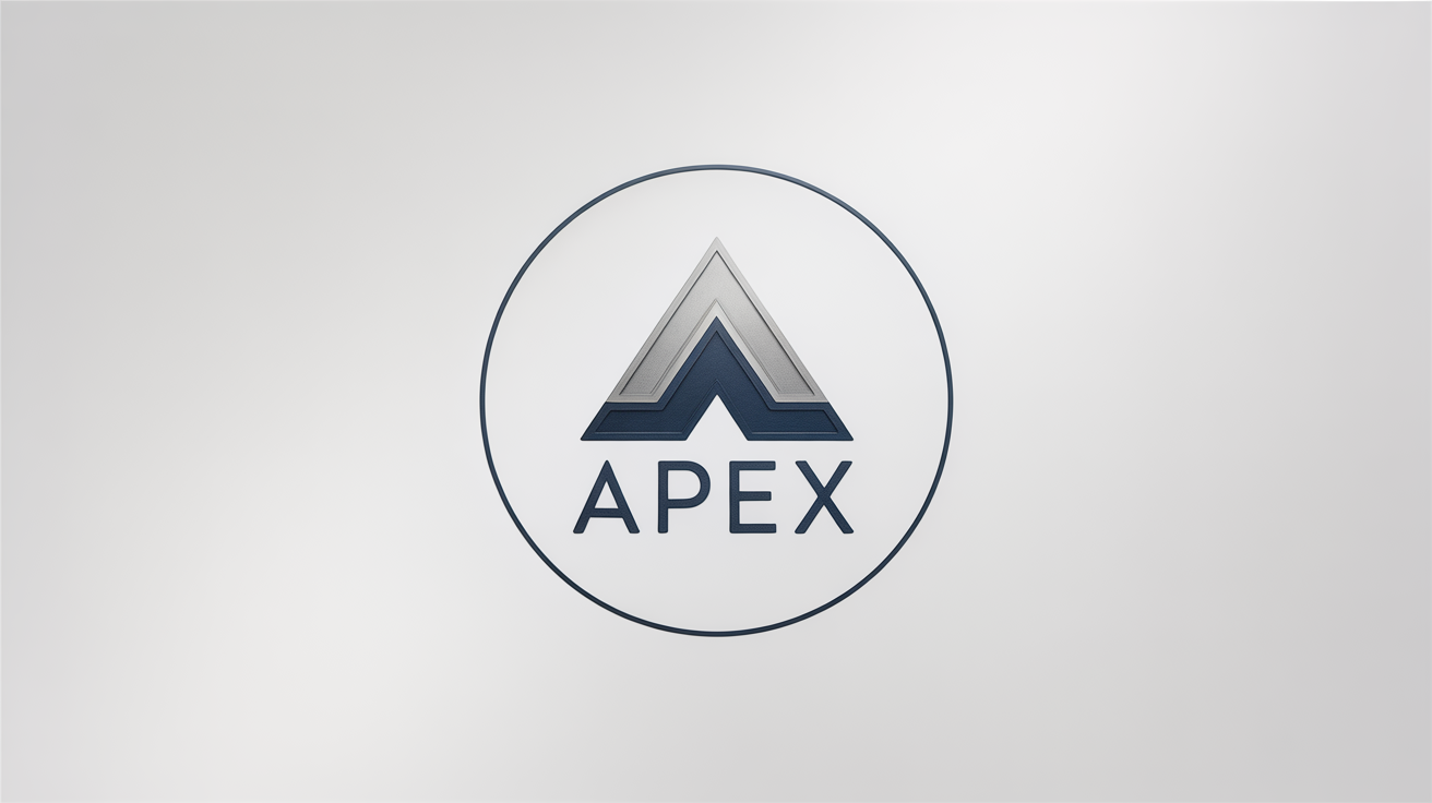 A modern circular logo for a fictional brand named 'APEX'. The logo features a stylized mountain peak and is enclosed by a clean black border, set against a white background.