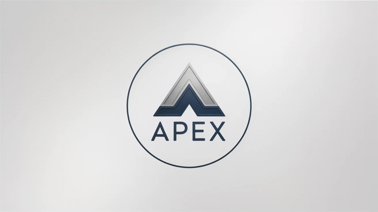 A modern circular logo for a fictional brand named 'APEX'. The logo features a stylized mountain peak and is enclosed by a clean black border, set against a white background.