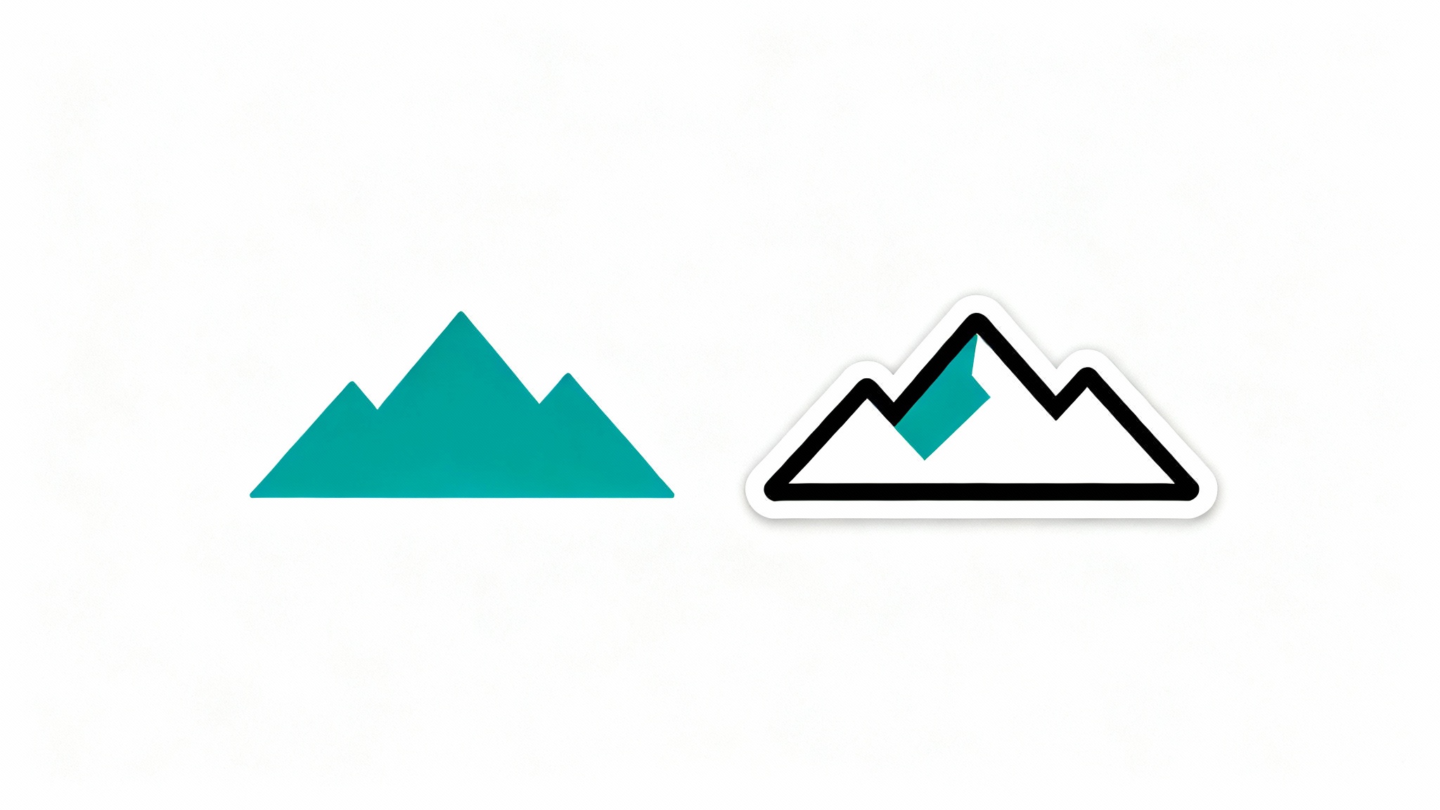 A side-by-side comparison showing a logo before and after a border is added. On the left is a simple teal mountain logo. On the right, the same logo has a thick white border with a thin black outline, making it stand out.
