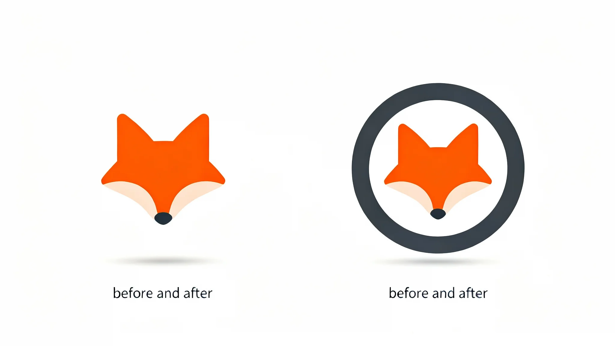 A graphic demonstrating a logo with and without a border. On the left is an orange fox logo, and on the right is the same logo with a dark gray circular border added.