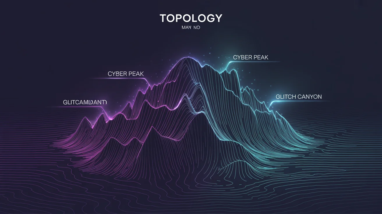 A modern topology map of a mountain range, displayed in a 16:9 format. The design features glowing cyan and magenta contour lines on a dark blue background, with fictional labels like 'CYBER PEAK'.