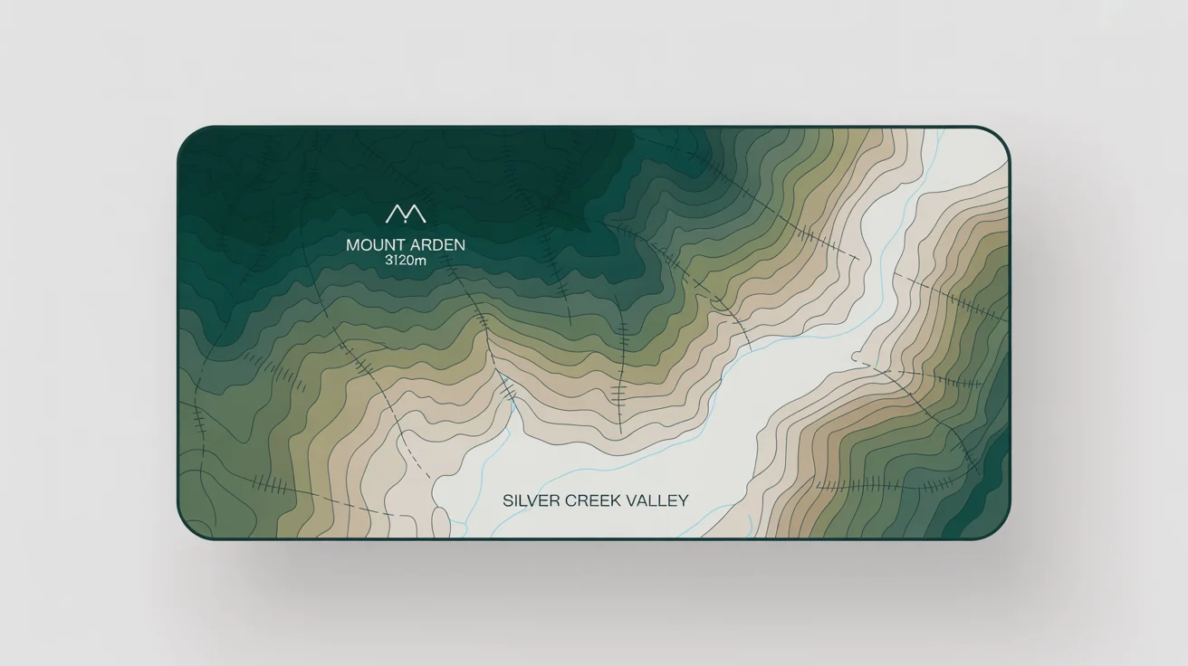 A mockup of a modern topology map on a white background, showing mountain elevations with contour lines in green and beige, and labeled with fictional names 'MOUNT ARDEN' and 'SILVER CREEK VALLEY'.