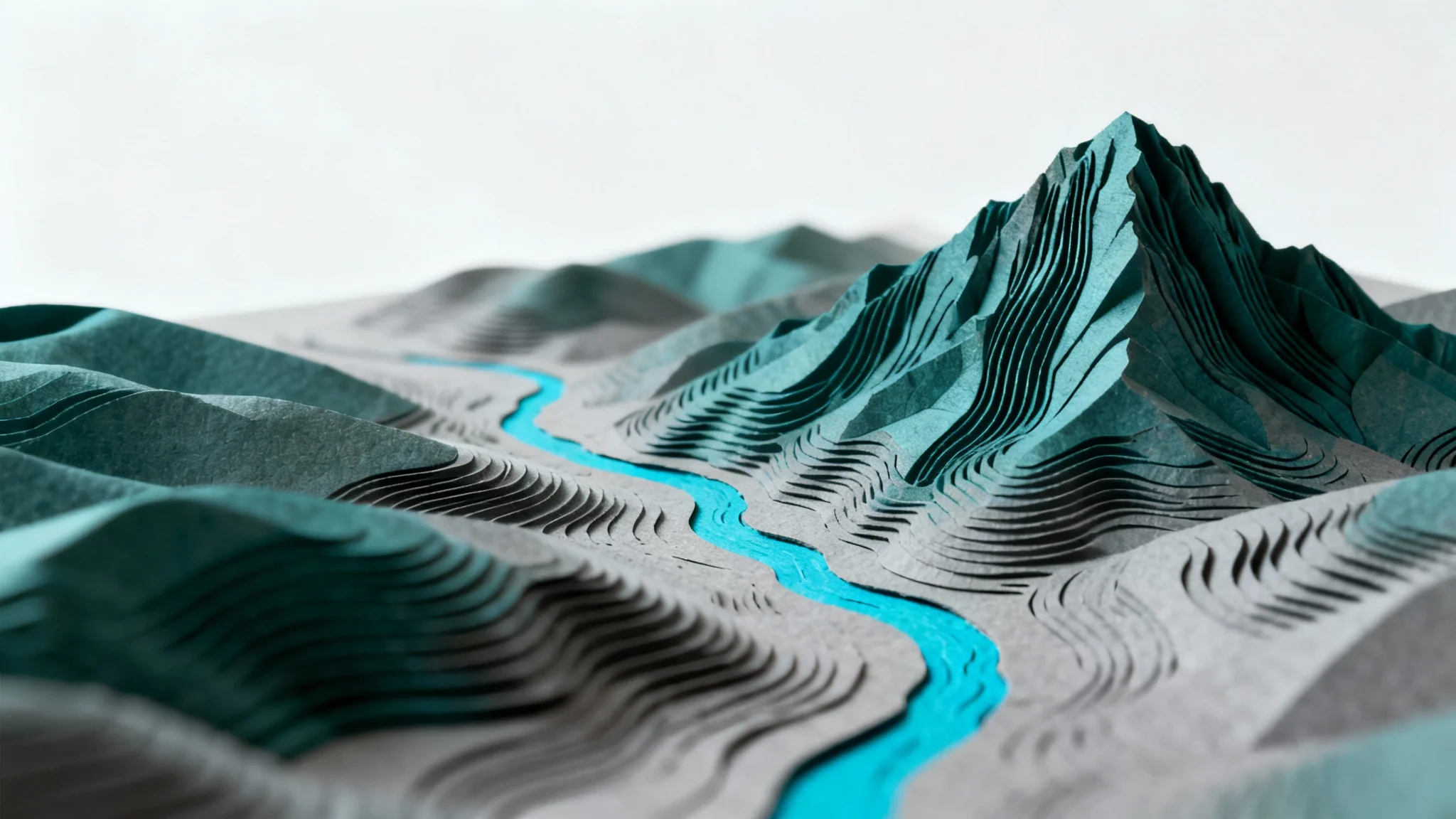 A close-up, stylized 3D topology map showing hills and a mountain with teal and grey contour lines on a clean white background.