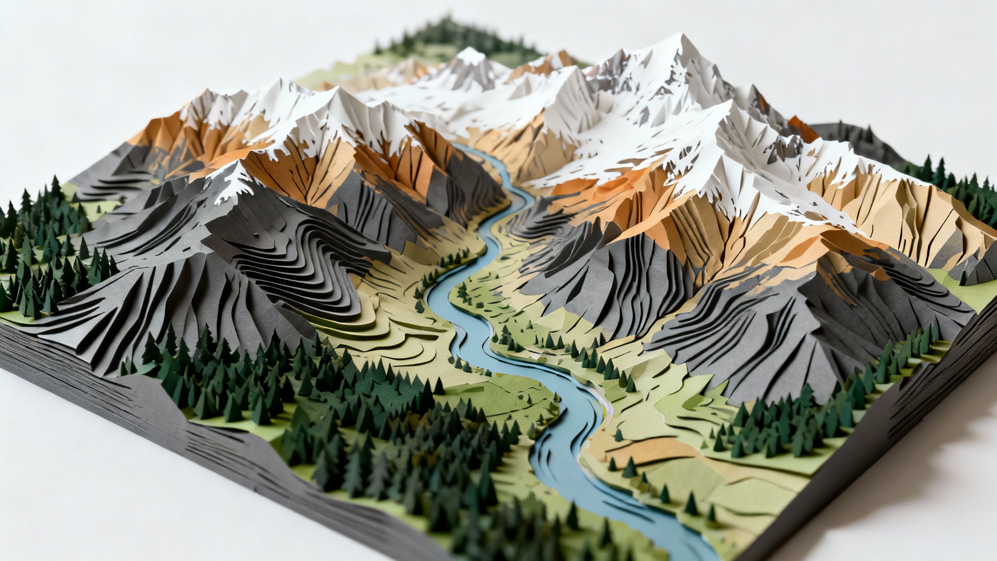 A detailed 3D topographic map showing mountains and valleys with precise contour lines, rendered in a modern color palette on a clean white background.