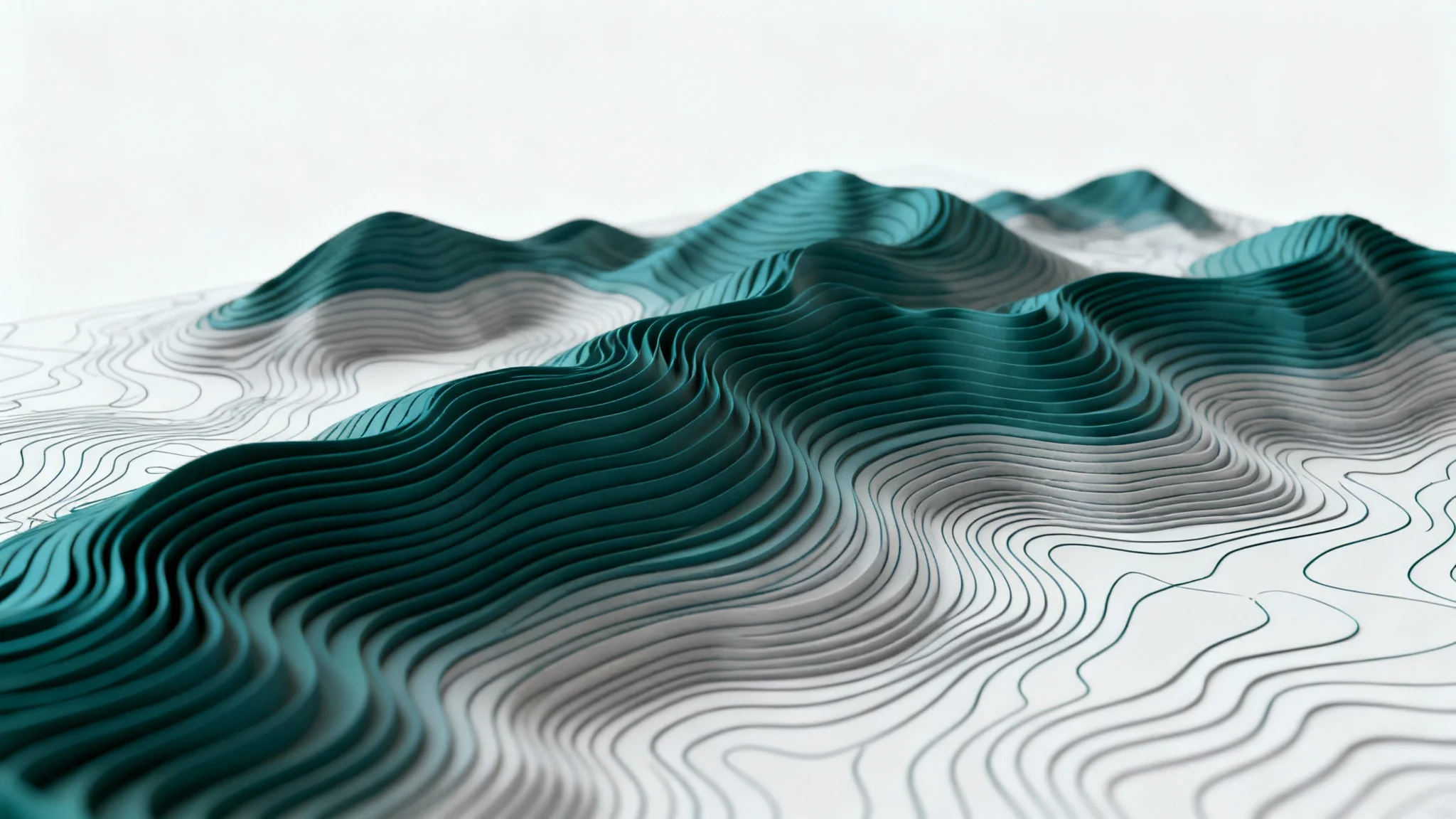A modern, stylized topology map with intricate teal and grey contour lines on a plain white background, symbolizing data and geography.