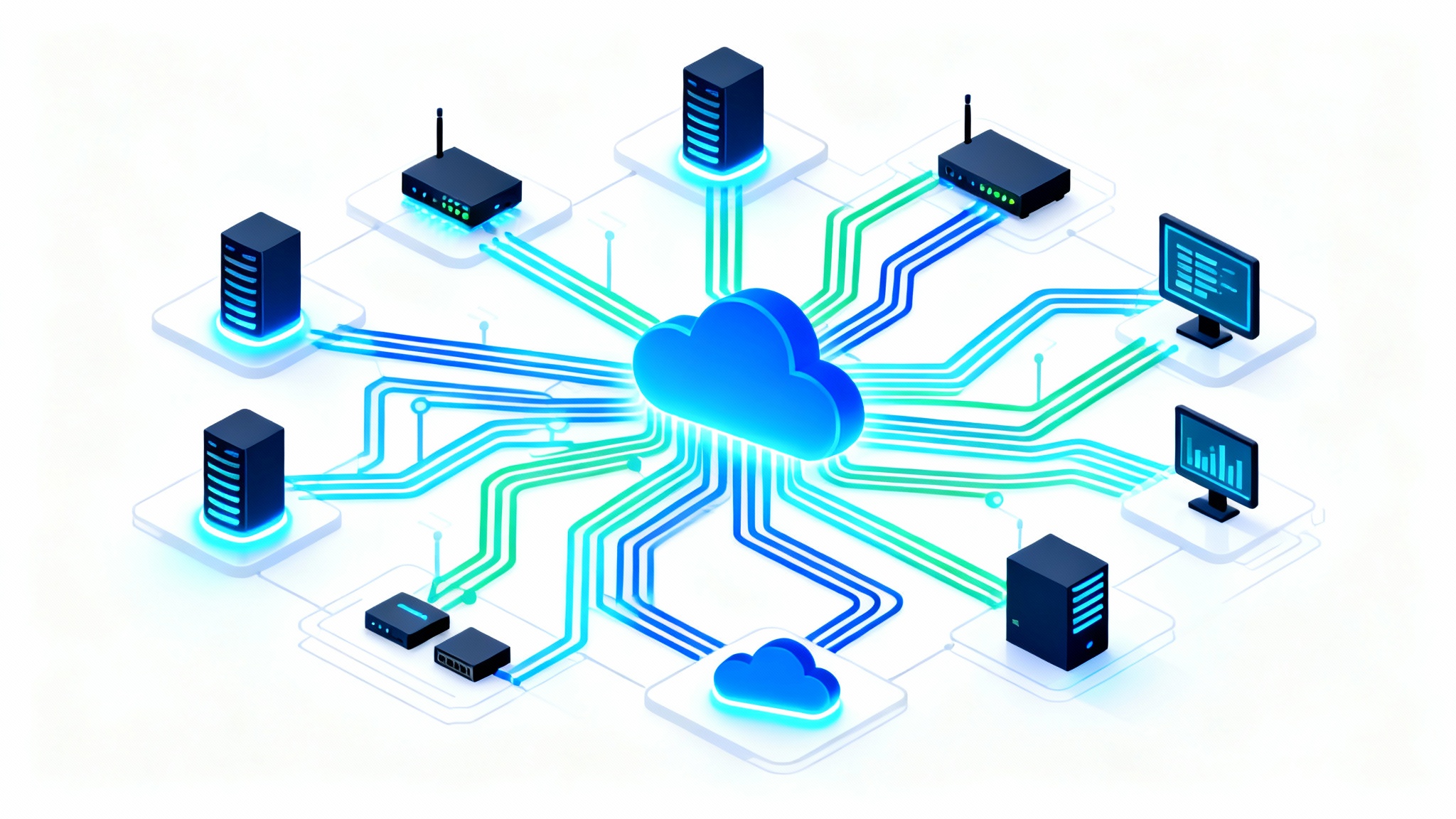 A modern, digital illustration of a complex network topology map, shown from an isometric perspective. Sleek icons representing servers and routers are connected by glowing blue and teal lines, all set against a clean white background.