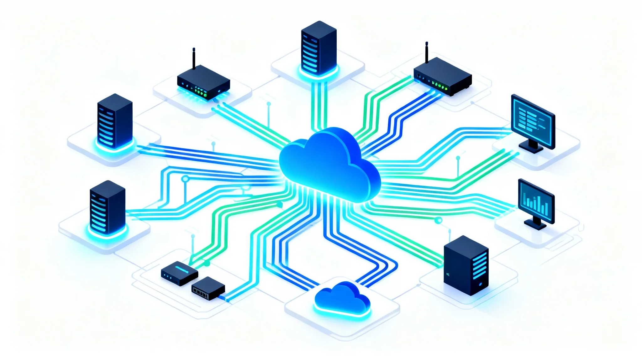 A modern, digital illustration of a complex network topology map, shown from an isometric perspective. Sleek icons representing servers and routers are connected by glowing blue and teal lines, all set against a clean white background.