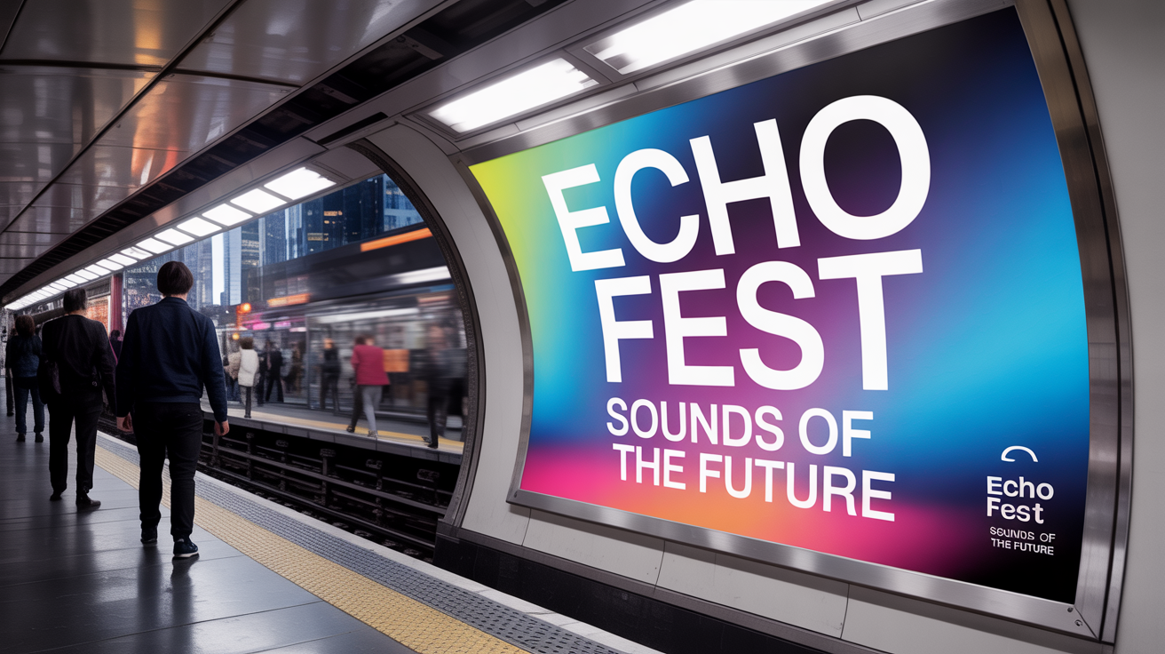 A large, vertical poster for a fictional music festival called 'ECHO FEST' displayed on the wall of a modern subway station platform.