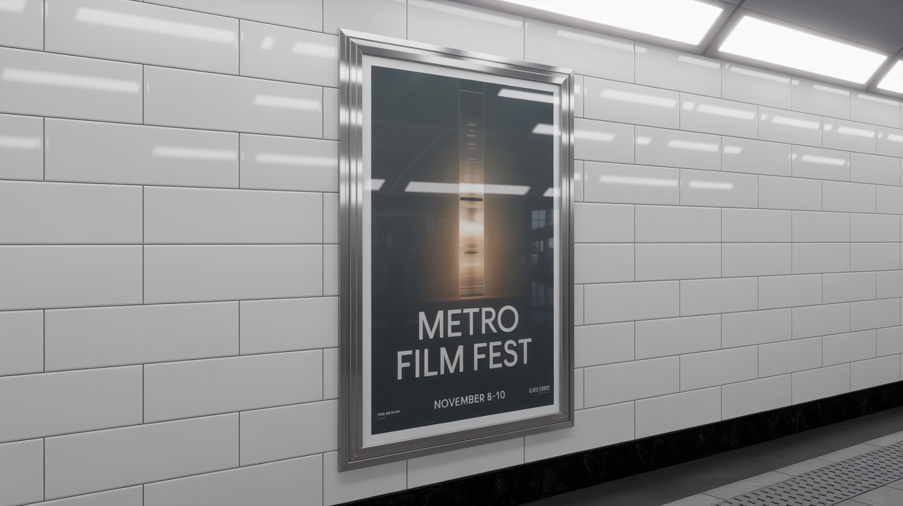 A photorealistic mockup of a 'METRO FILM FEST' poster in a black frame, displayed on the white tiled wall of a modern subway station.