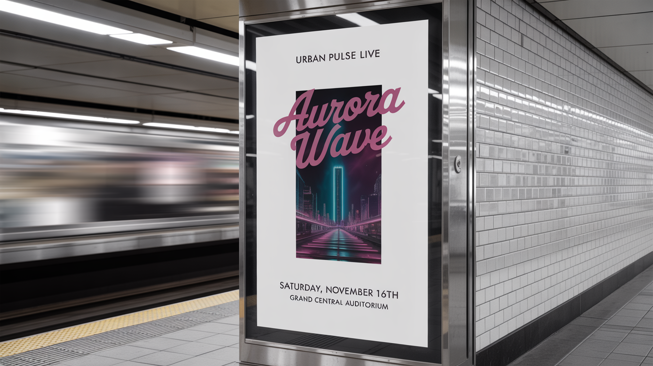 A poster mockup for a concert called 'Urban Pulse Live' featuring 'Aurora Wave', displayed in a frame on a white-tiled subway wall.