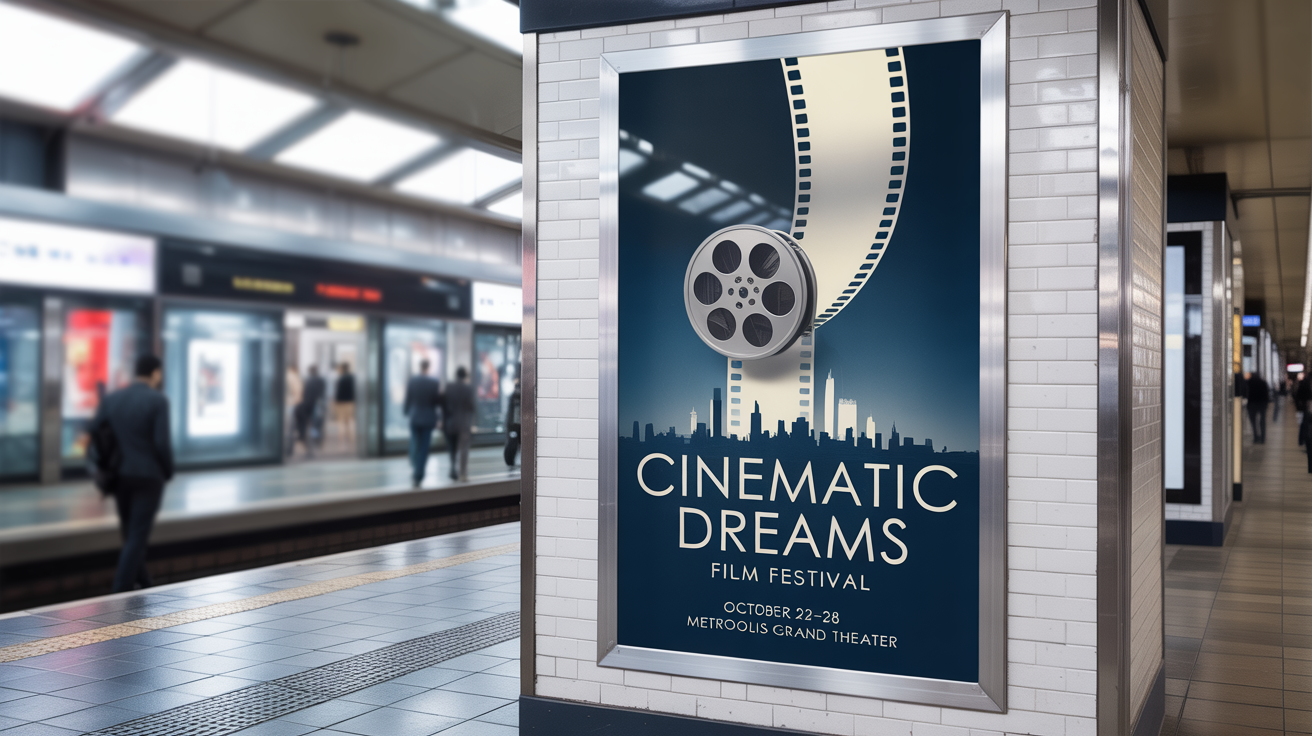 A photorealistic mockup of a poster for the 'Cinematic Dreams Film Festival' displayed on a tiled wall in a clean, modern subway station.