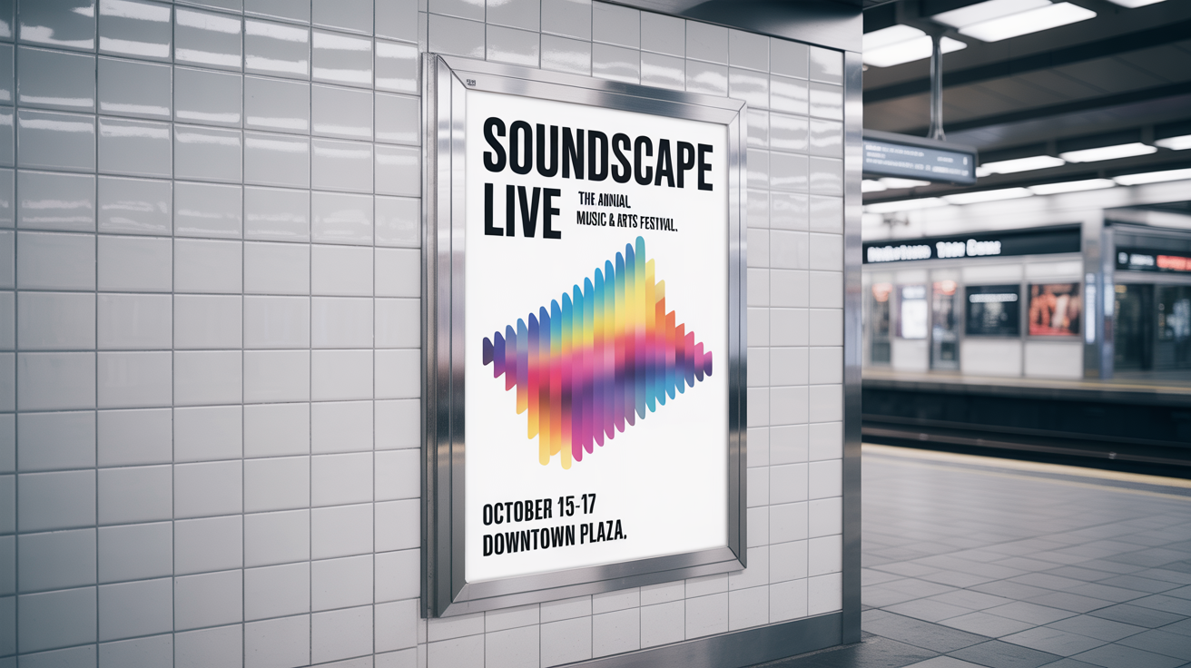 A high-quality mockup of a vertical poster for a music festival called 'SOUNDSCAPE LIVE' displayed on the wall of a clean, modern subway station.