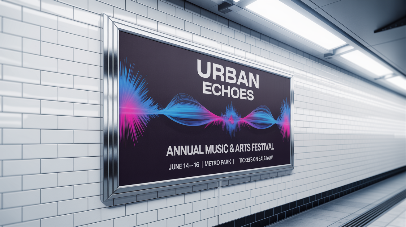 A poster for the 'Urban Echoes' music and arts festival, displayed in a lightbox on a white-tiled subway wall.