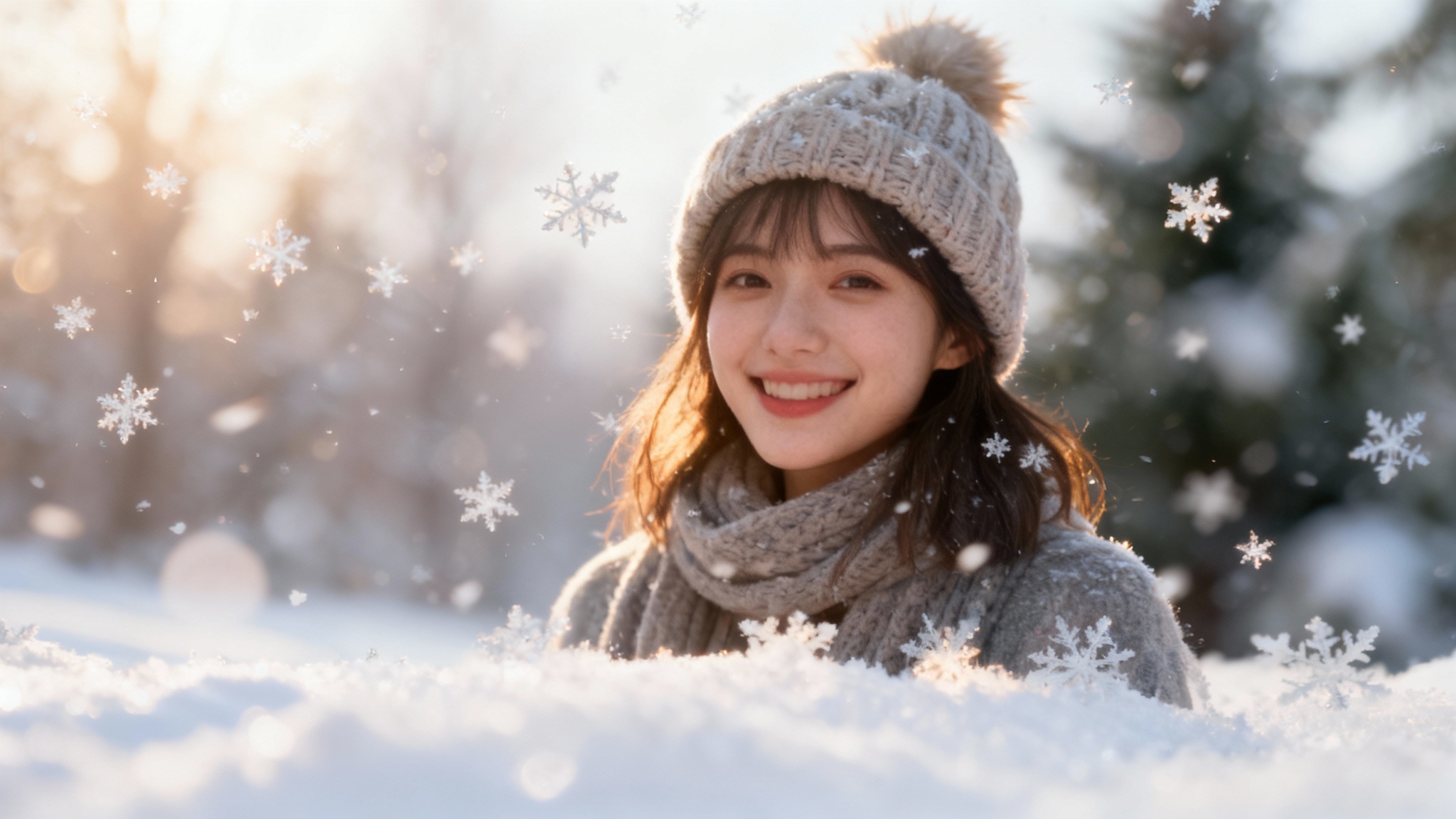 A high-quality photograph of a smiling woman in winter clothing, with a realistic effect of gently falling snow applied over the entire image.