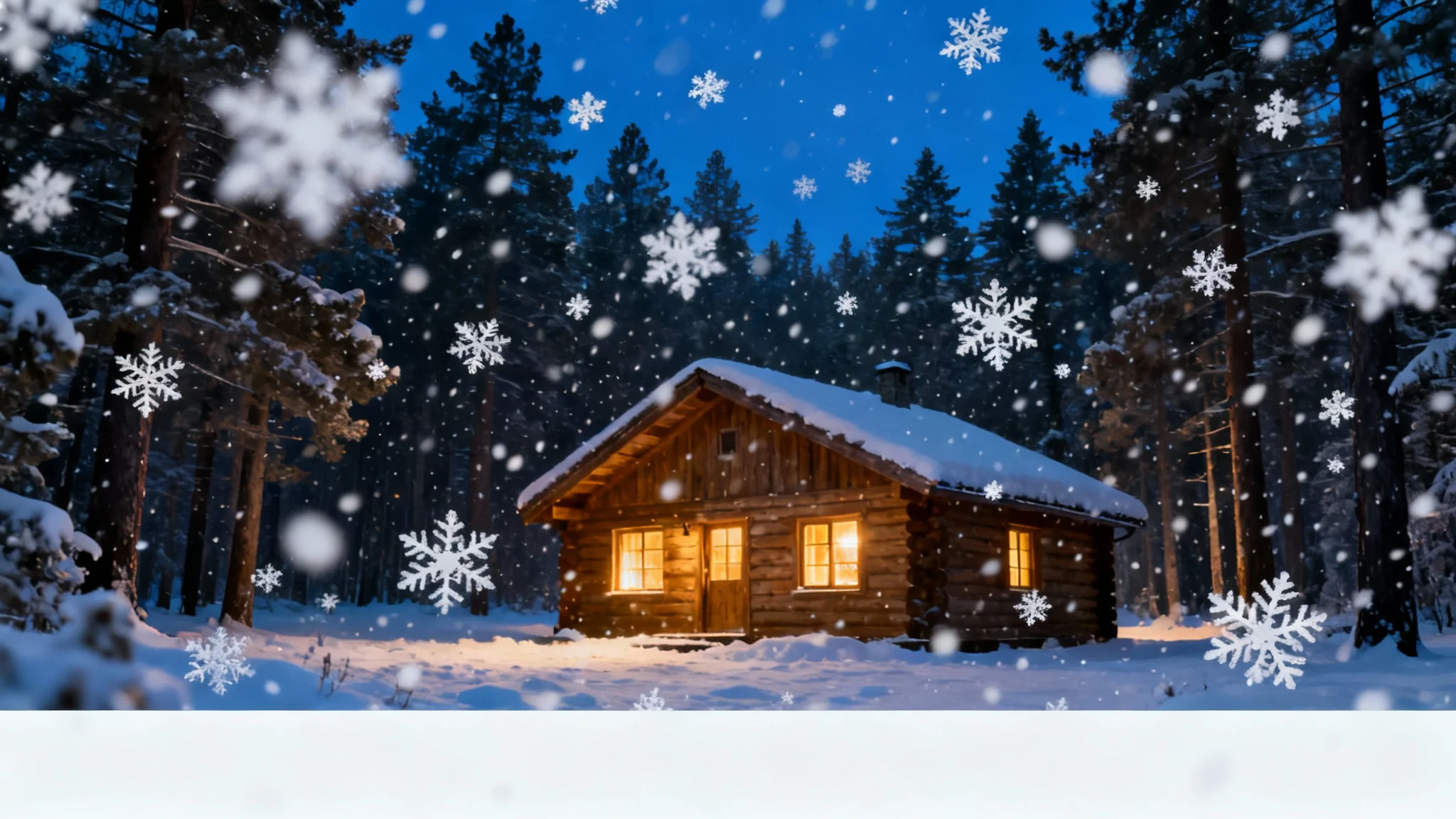 A photorealistic image of a cozy wooden cabin in a snowy forest at dusk, showcasing a realistic falling snow overlay effect. The image is set against a white background.