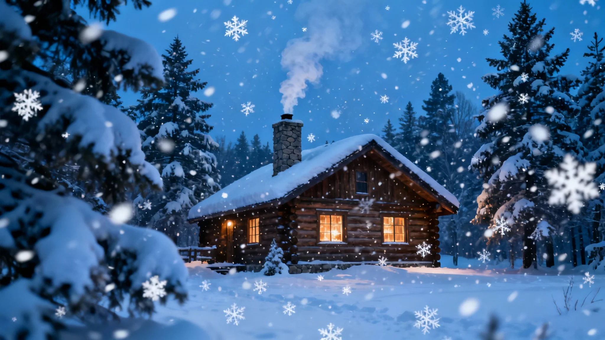 A photorealistic image of a cozy log cabin in a snowy forest at twilight, demonstrating a snow overlay effect with beautifully rendered falling snowflakes of various sizes and opacities.