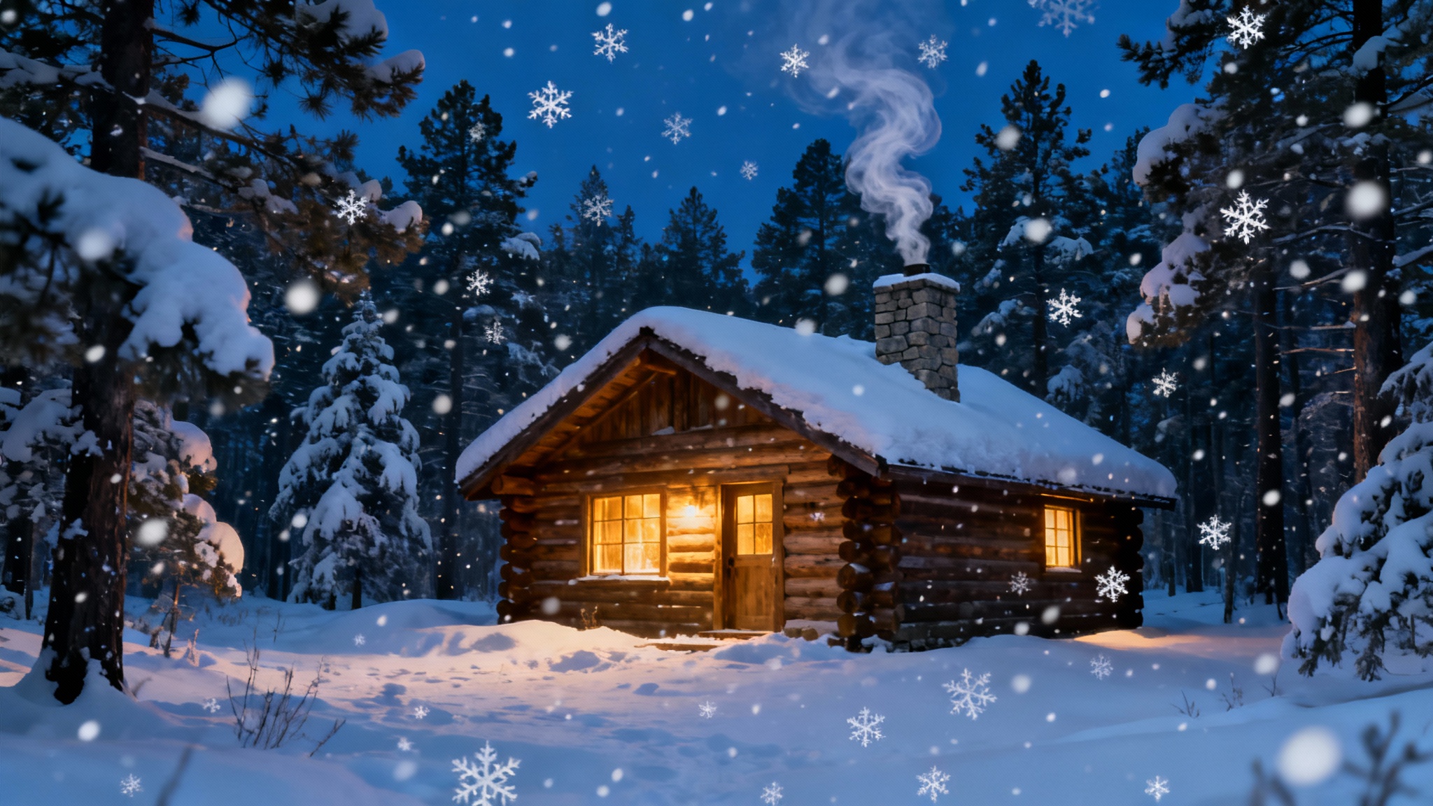 A photorealistic image of a cozy log cabin in a snowy forest at dusk, used to demonstrate a beautiful and gentle snow overlay effect.