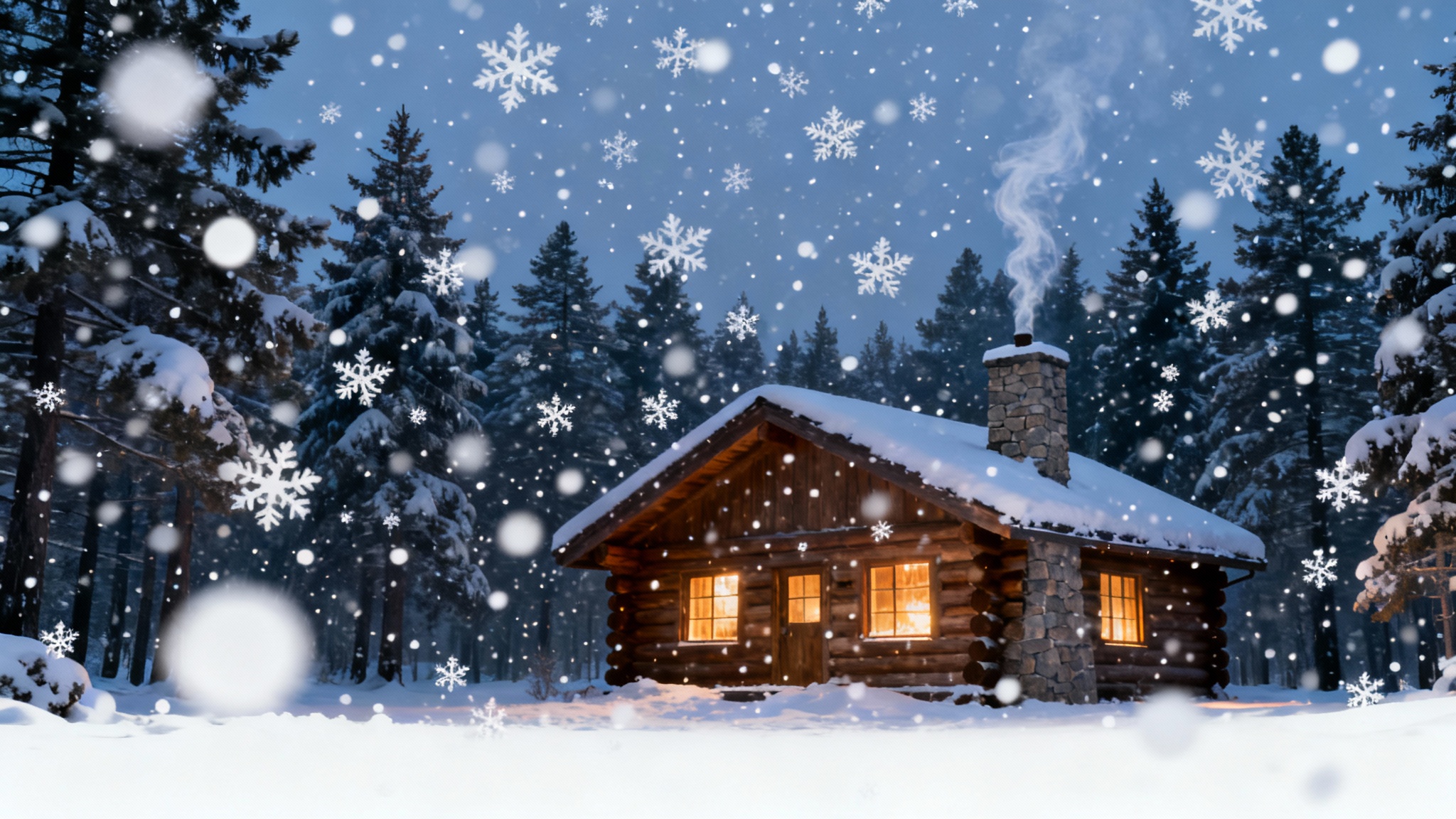 A photorealistic image of a cozy log cabin in a snowy forest at twilight, with a beautiful effect of falling snow added, creating a magical winter scene.