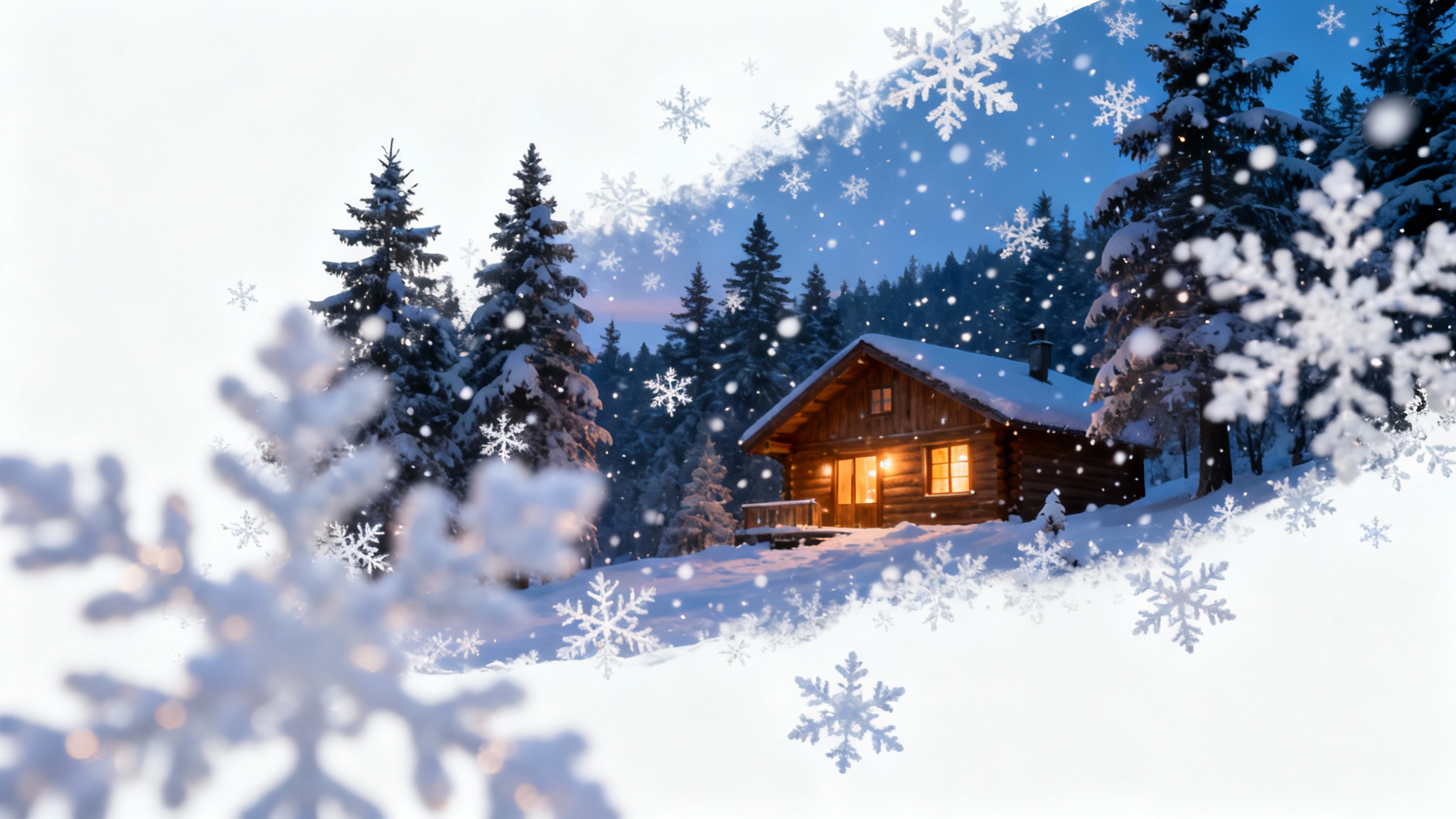 A picturesque winter scene at dusk with a cozy, lit-up cabin in a pine forest, showcasing a realistic falling snow overlay effect.
