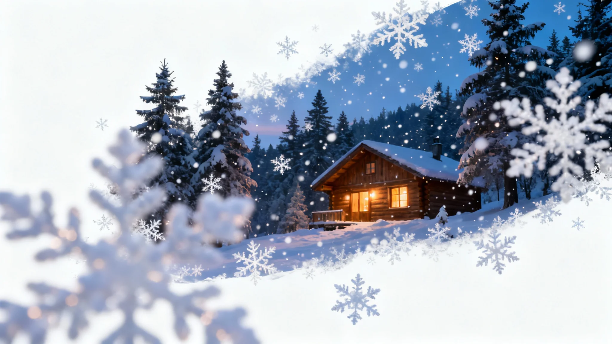 A picturesque winter scene at dusk with a cozy, lit-up cabin in a pine forest, showcasing a realistic falling snow overlay effect.