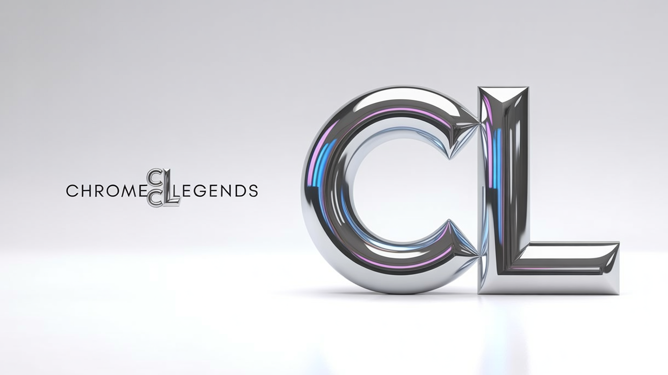 A before-and-after hero image demonstrating a chrome logo effect. The left shows a flat, 2D black logo for 'Chrome Legends', while the right shows the same logo transformed into a hyper-realistic, gleaming 3D chrome version.