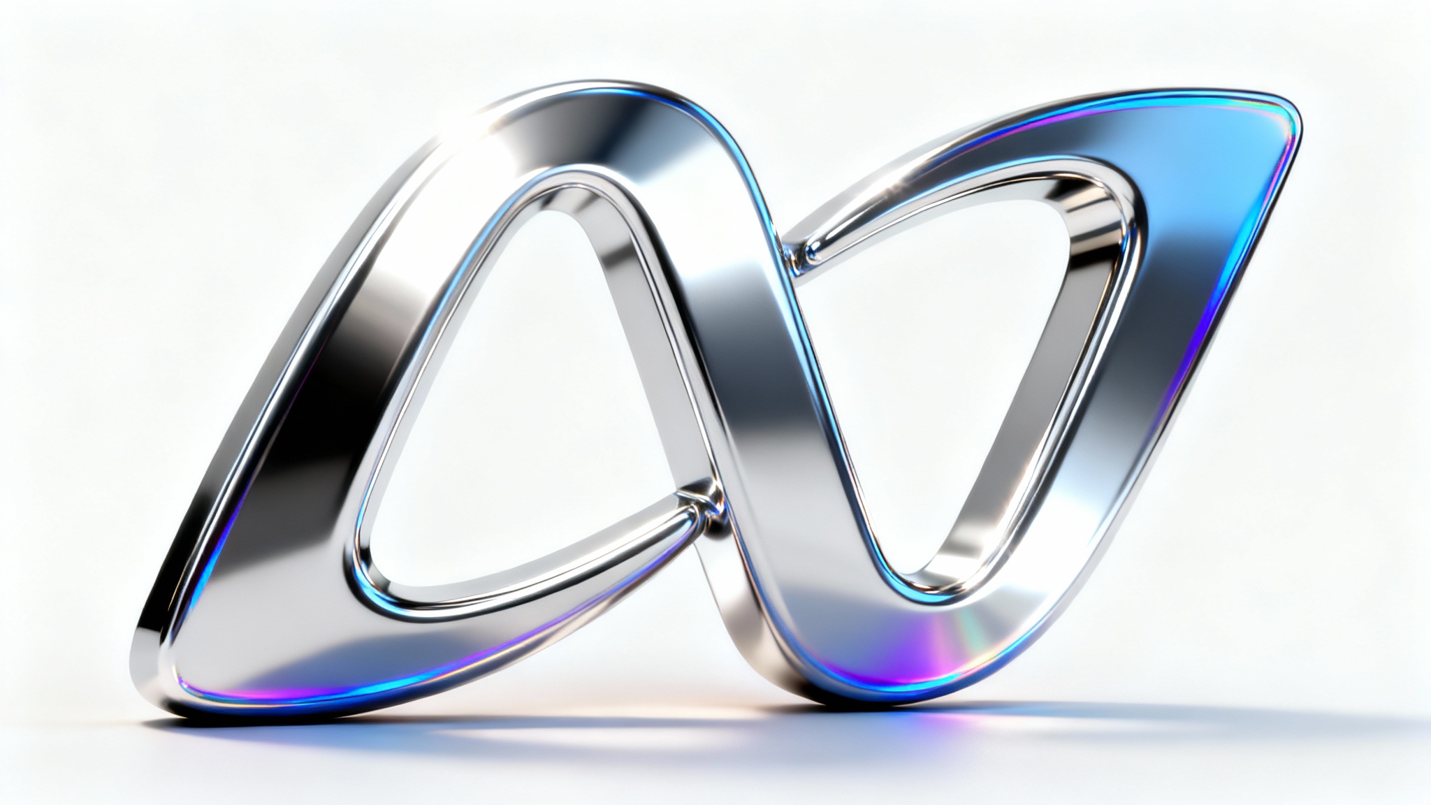 A 3D abstract logo with a polished chrome effect, showcasing a highly reflective metallic surface with iridescent highlights against a clean white background.