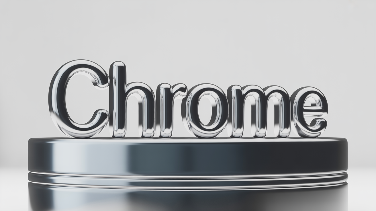 A hyper-realistic 3D mockup of the word 'CHROME' with a shiny, reflective liquid metal effect, set against a plain white background.