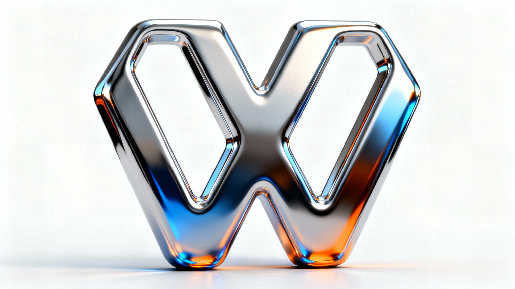 A photorealistic 3D rendering of an abstract logo with a highly reflective chrome finish, showcasing sharp highlights and reflections on a clean white background.