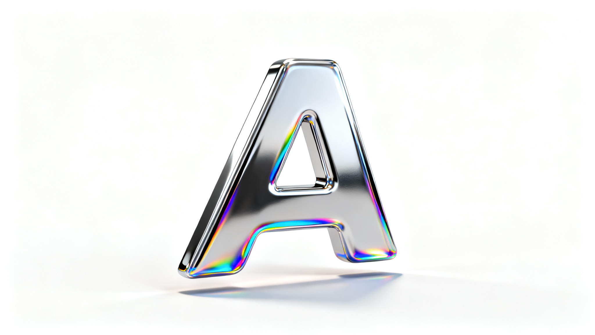 A close-up of a 3D letter 'A' logo rendered in a shiny, reflective chrome effect, sitting on a plain white background.