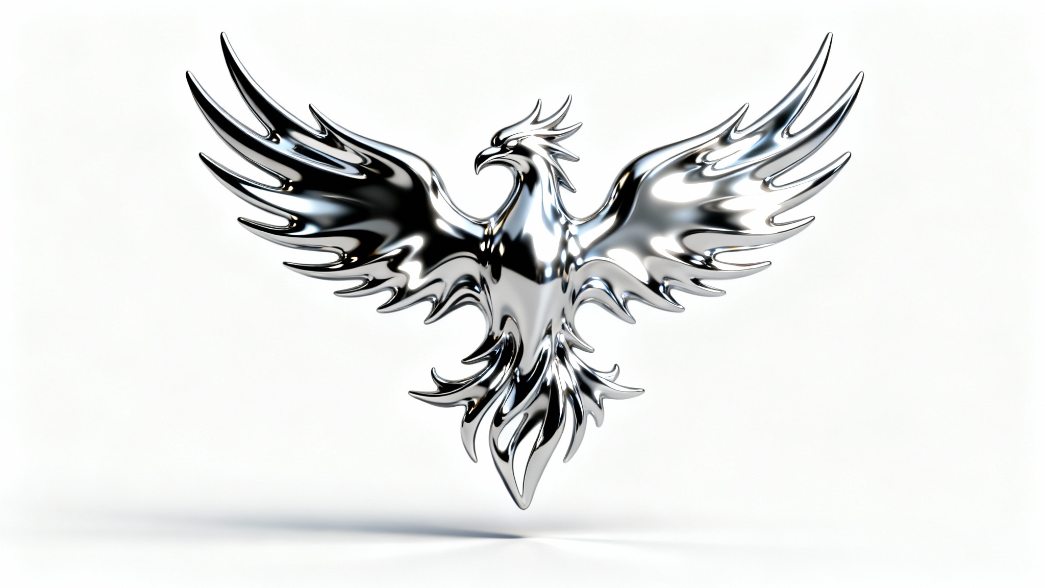 A close-up of a 3D abstract phoenix logo with a shiny, liquid chrome effect, showcasing its reflective surface against a plain white background.