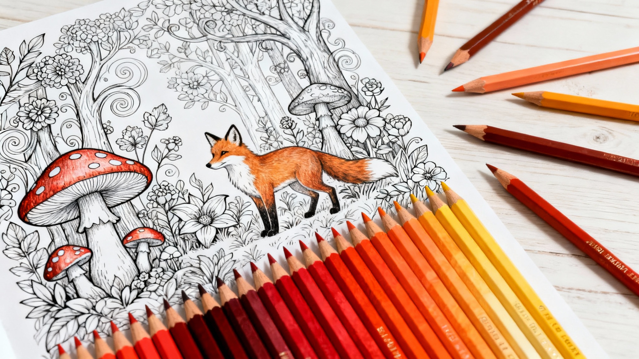 A top-down view of a detailed coloring page of an enchanted forest, partially colored in with warm orange and red tones. Colored pencils lie next to the page on a wooden table.