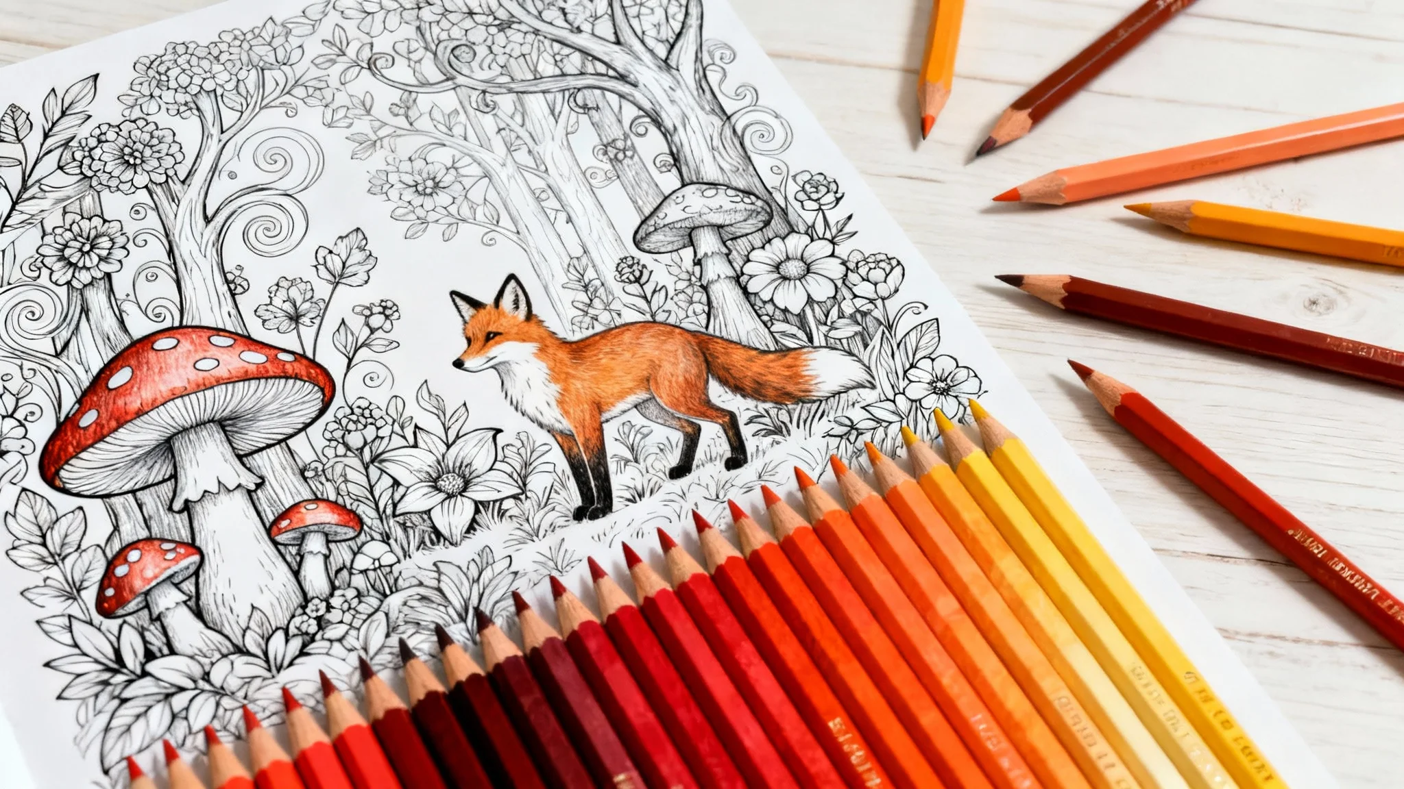 A top-down view of a detailed coloring page of an enchanted forest, partially colored in with warm orange and red tones. Colored pencils lie next to the page on a wooden table.