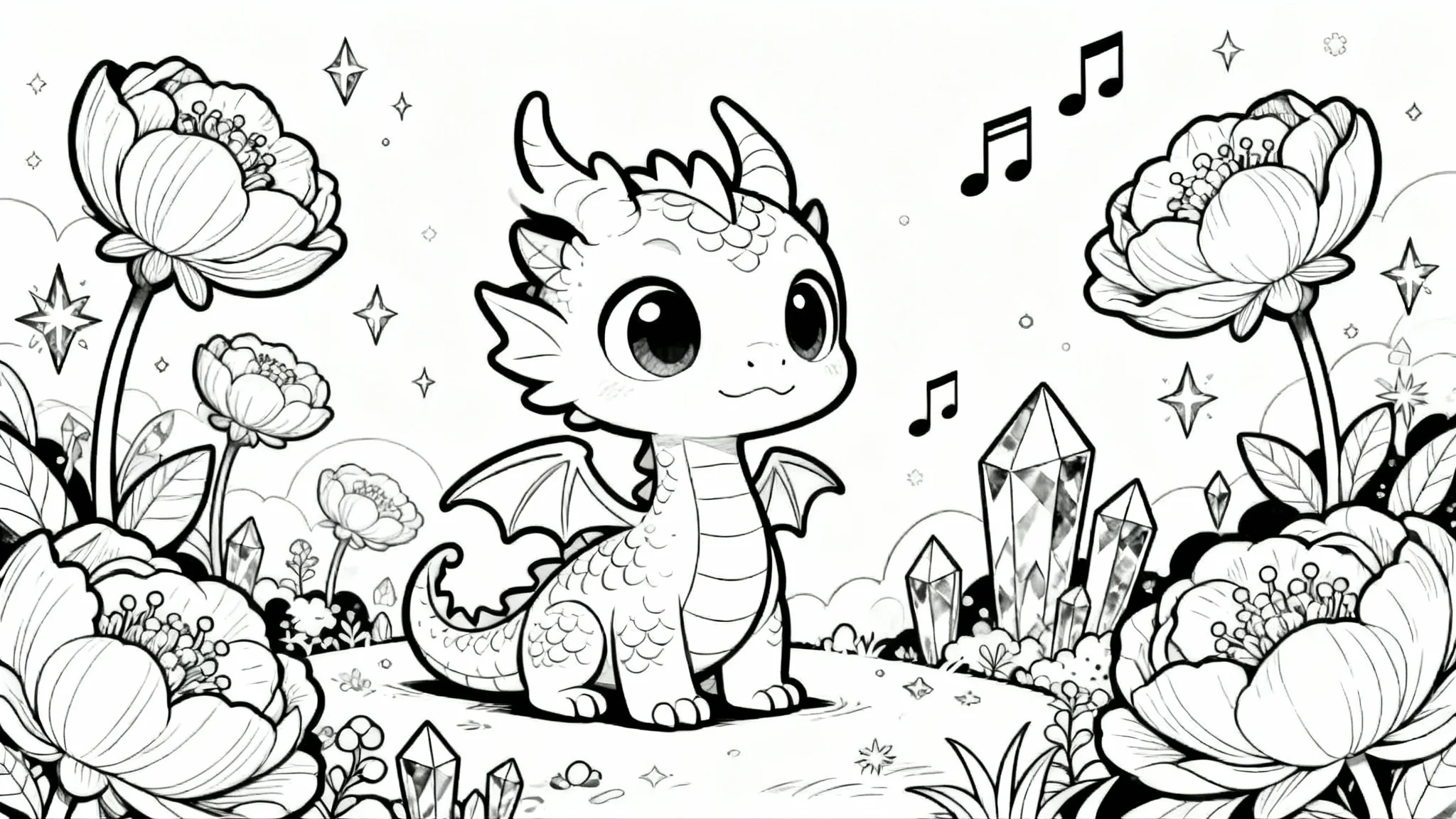 A black and white line art coloring page of a cute cartoon dragon in a magical landscape, waiting to be colored in.