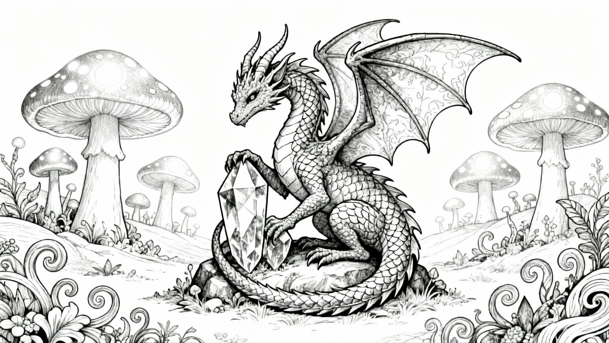 A detailed black and white coloring page showing an intricate line drawing of a dragon curled around a crystal, set against a background of whimsical mushrooms and plants.