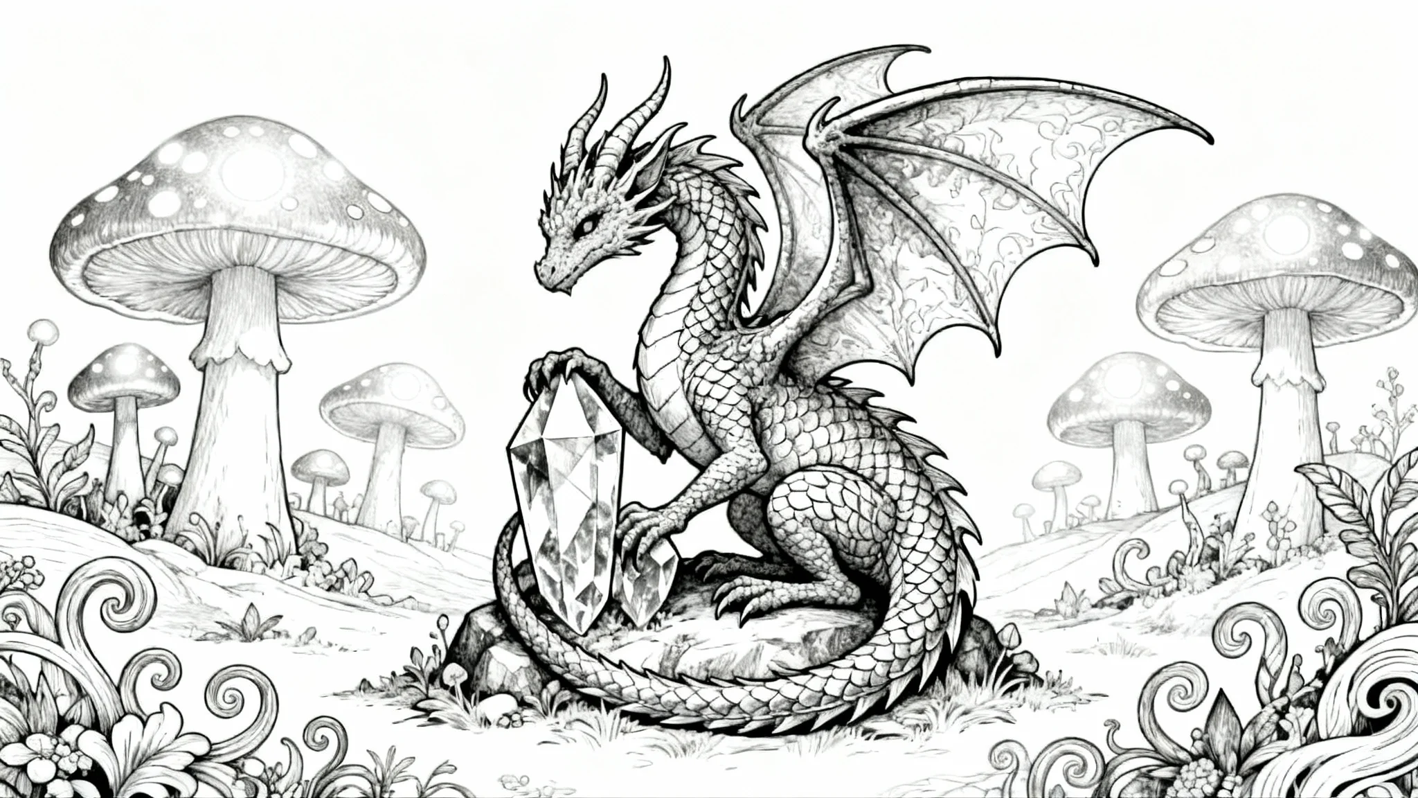 A detailed black and white coloring page showing an intricate line drawing of a dragon curled around a crystal, set against a background of whimsical mushrooms and plants.