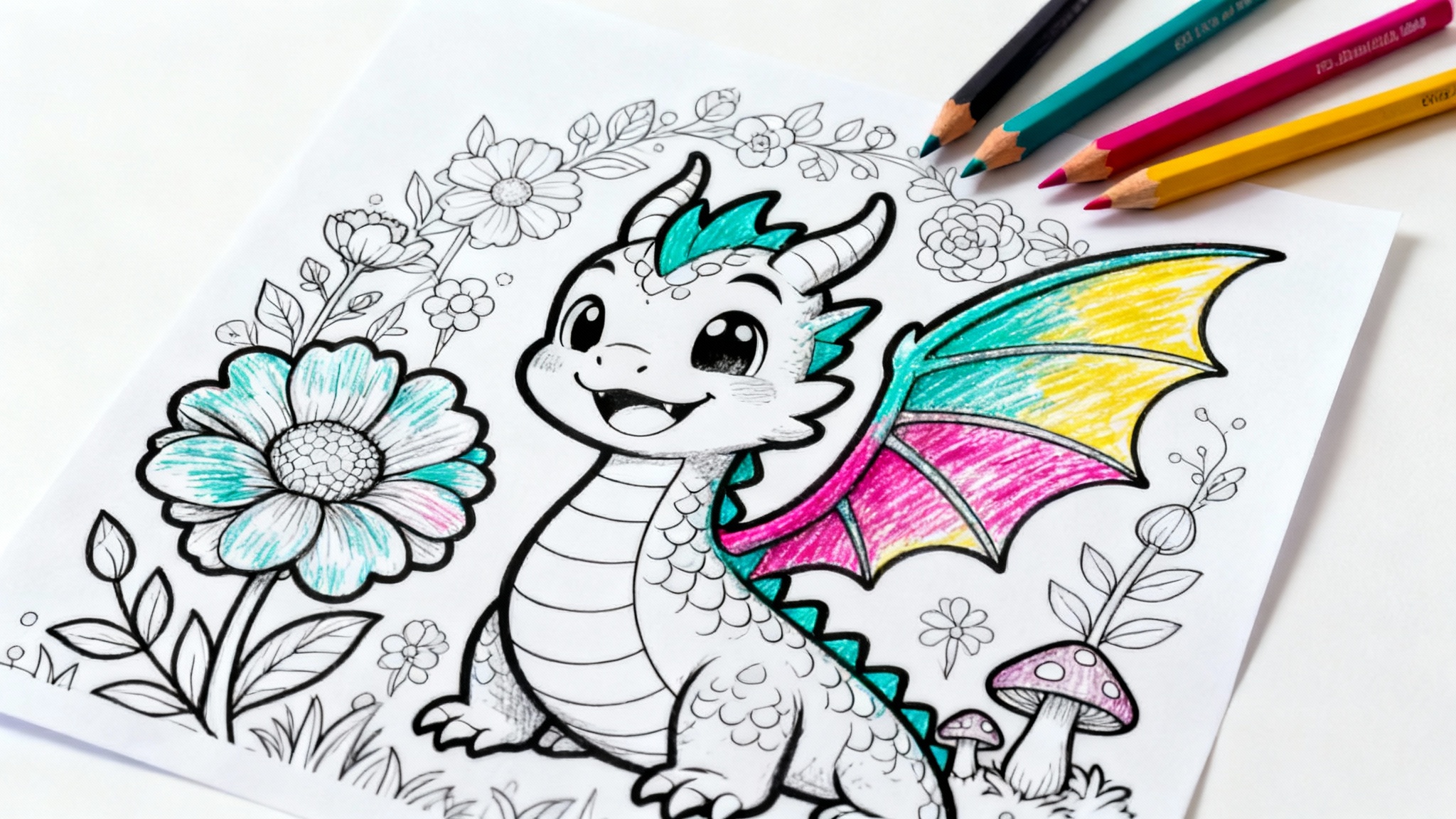 A top-down view of a coloring page featuring a dragon and flowers, partially colored in with vibrant pencils that are scattered nearby on a clean white background.