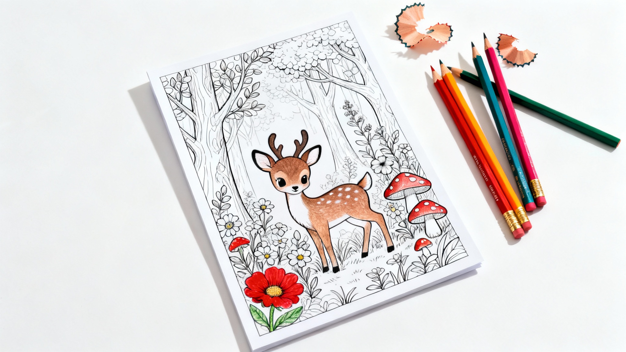 A flat lay image showing a coloring page with a whimsical deer and forest design. A small part is colored in, and colored pencils lie next to it on a white background.