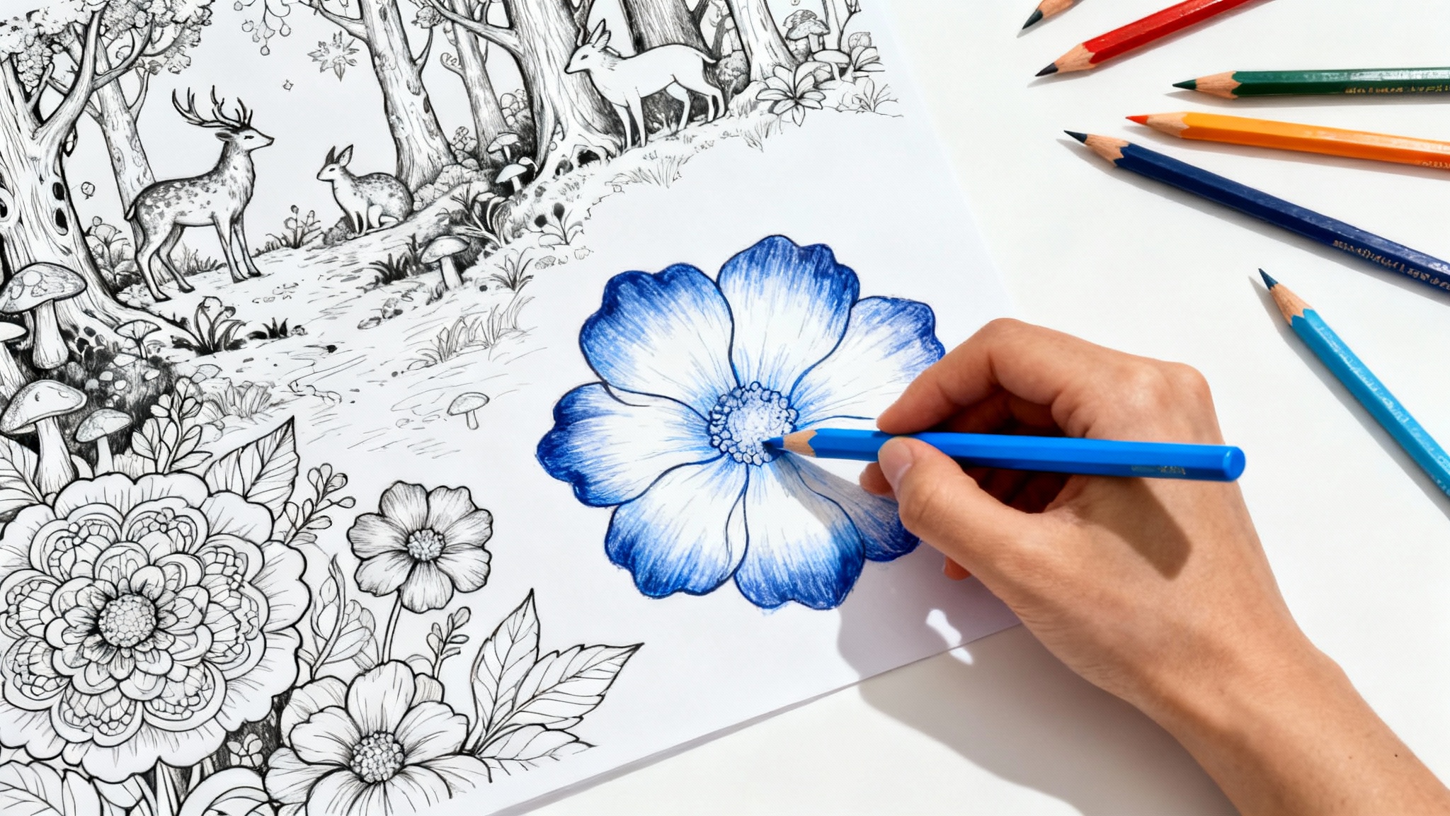 A close-up, top-down view of a coloring page showing an enchanted forest. A hand is coloring in a large flower with a blue pencil. The background is solid white.