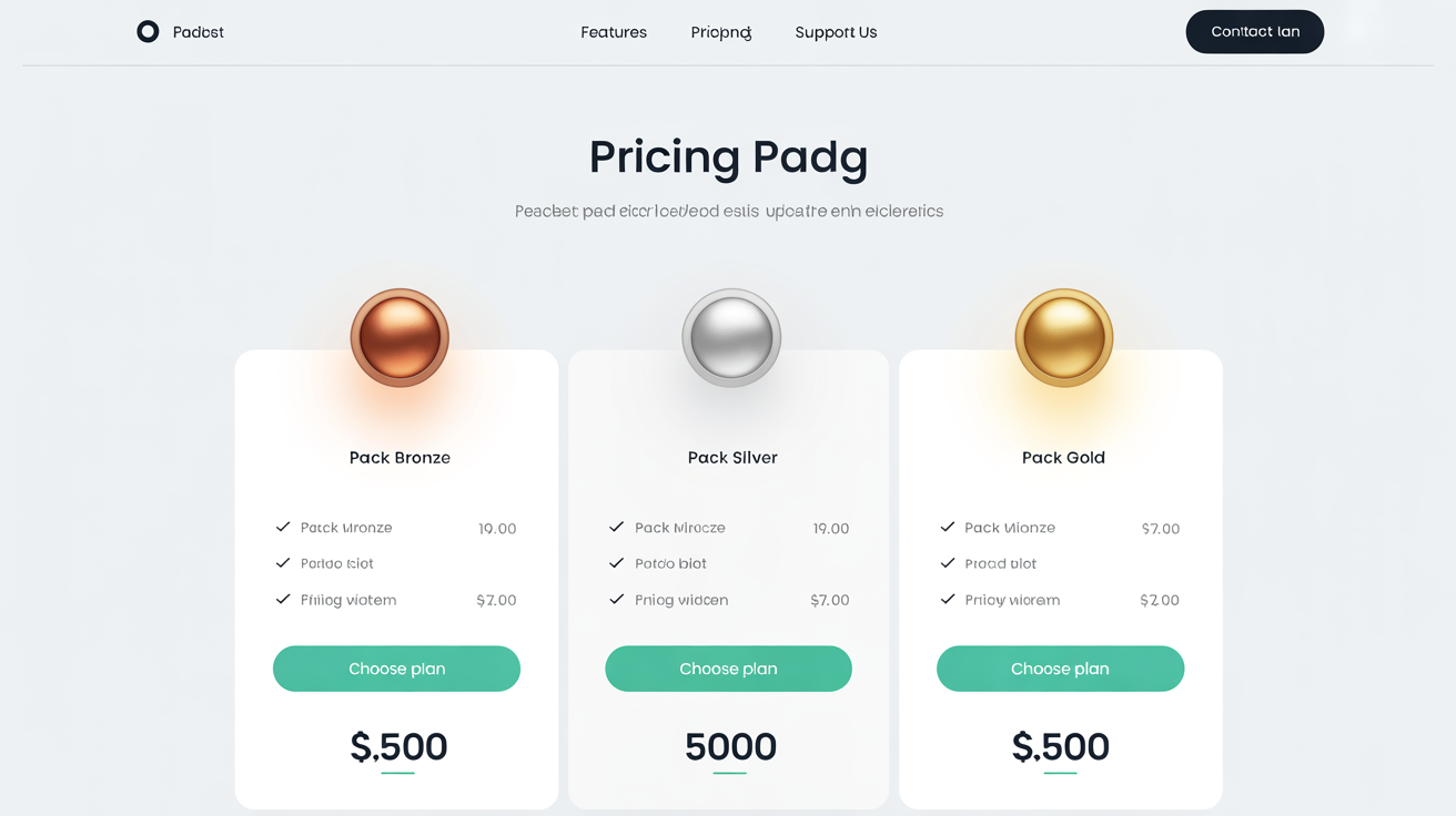 A polished pricing table design with three tiers, each featuring a custom metallic icon. The tiers are 'PACK BRONZE' with a bronze icon, 'PACK SILVER' with a silver icon, and 'PACK GOLD' with a gold icon, all on a clean background.