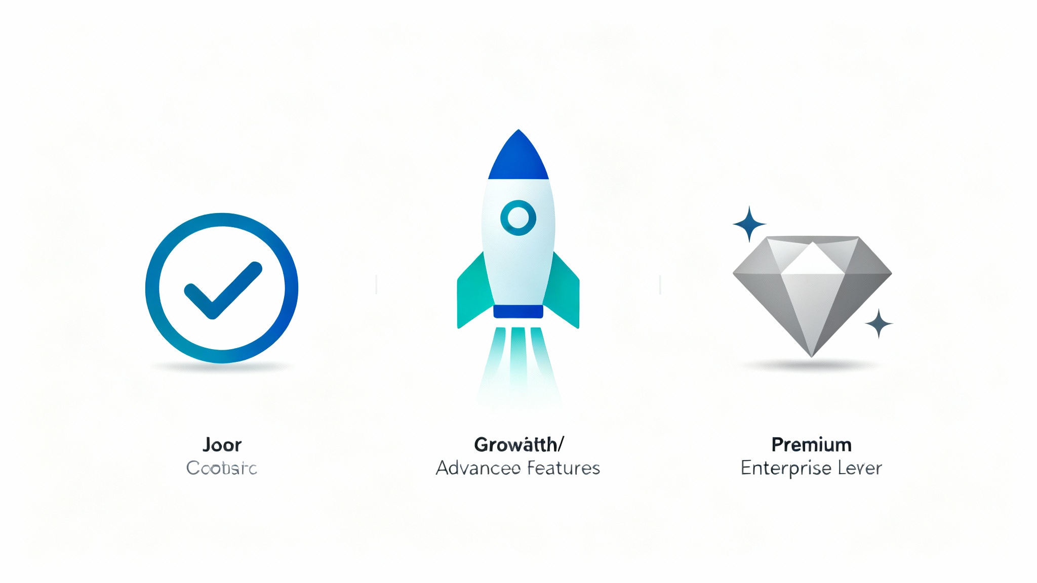 Three modern, minimalist icons for a pricing table displayed on a white background: a blue checkmark, a teal rocket ship, and a gray diamond, representing different service tiers.