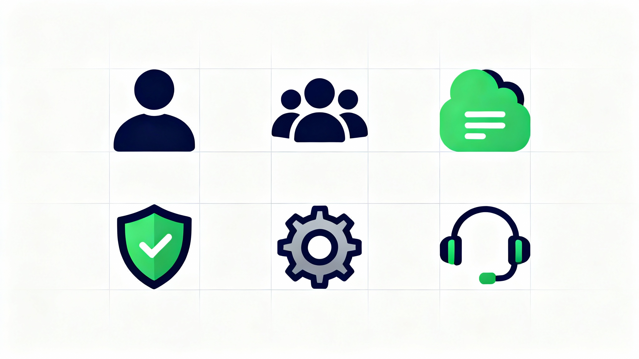 A set of six modern, minimalist icons for a pricing table, featuring symbols for user tiers, storage, security, and support in a clean blue and grey color scheme on a white background.