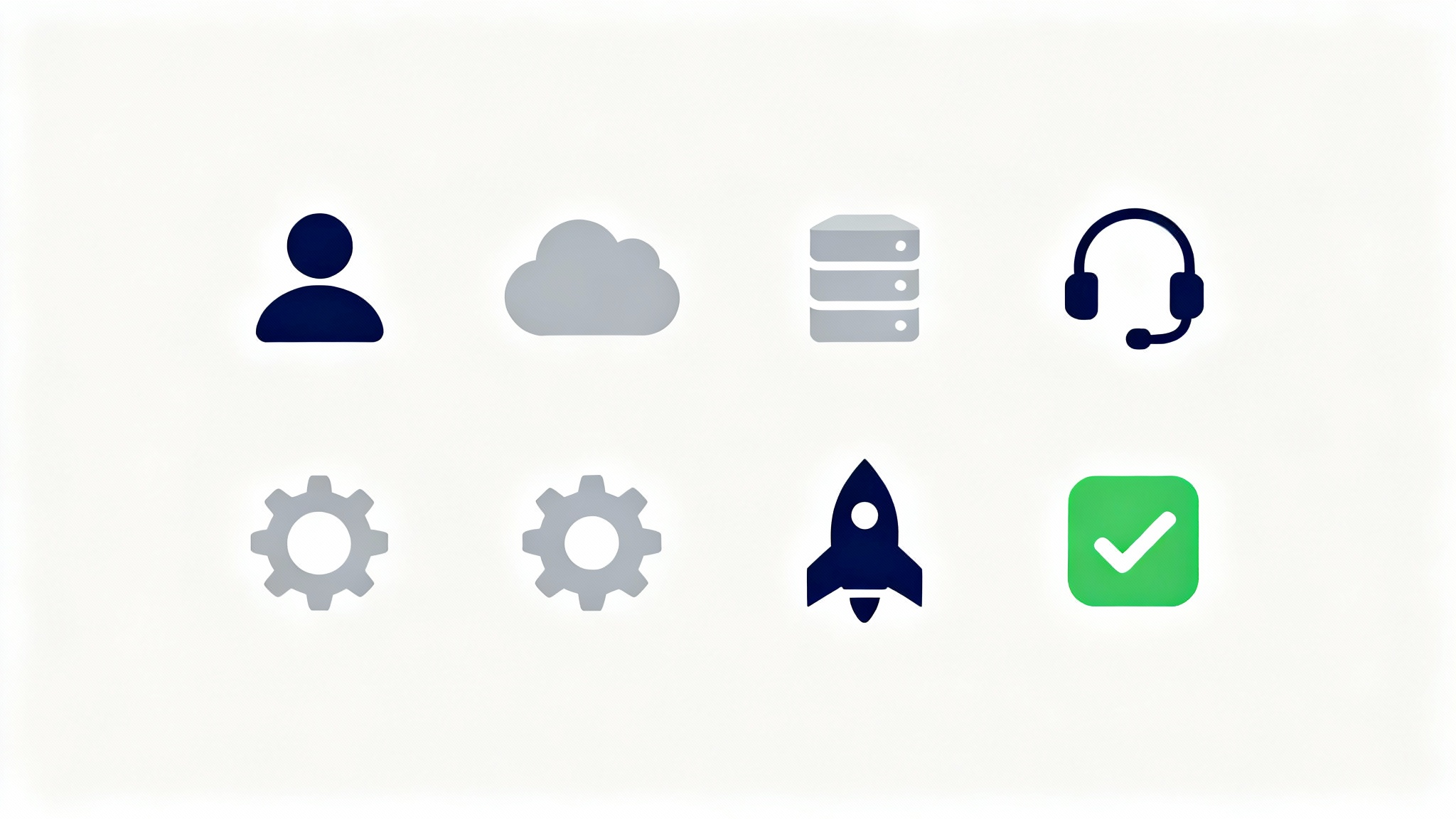 A set of six modern, minimalist icons for a pricing table arranged in a grid on a white background. The icons, in blue and gray, represent users, storage, support, settings, and premium features.