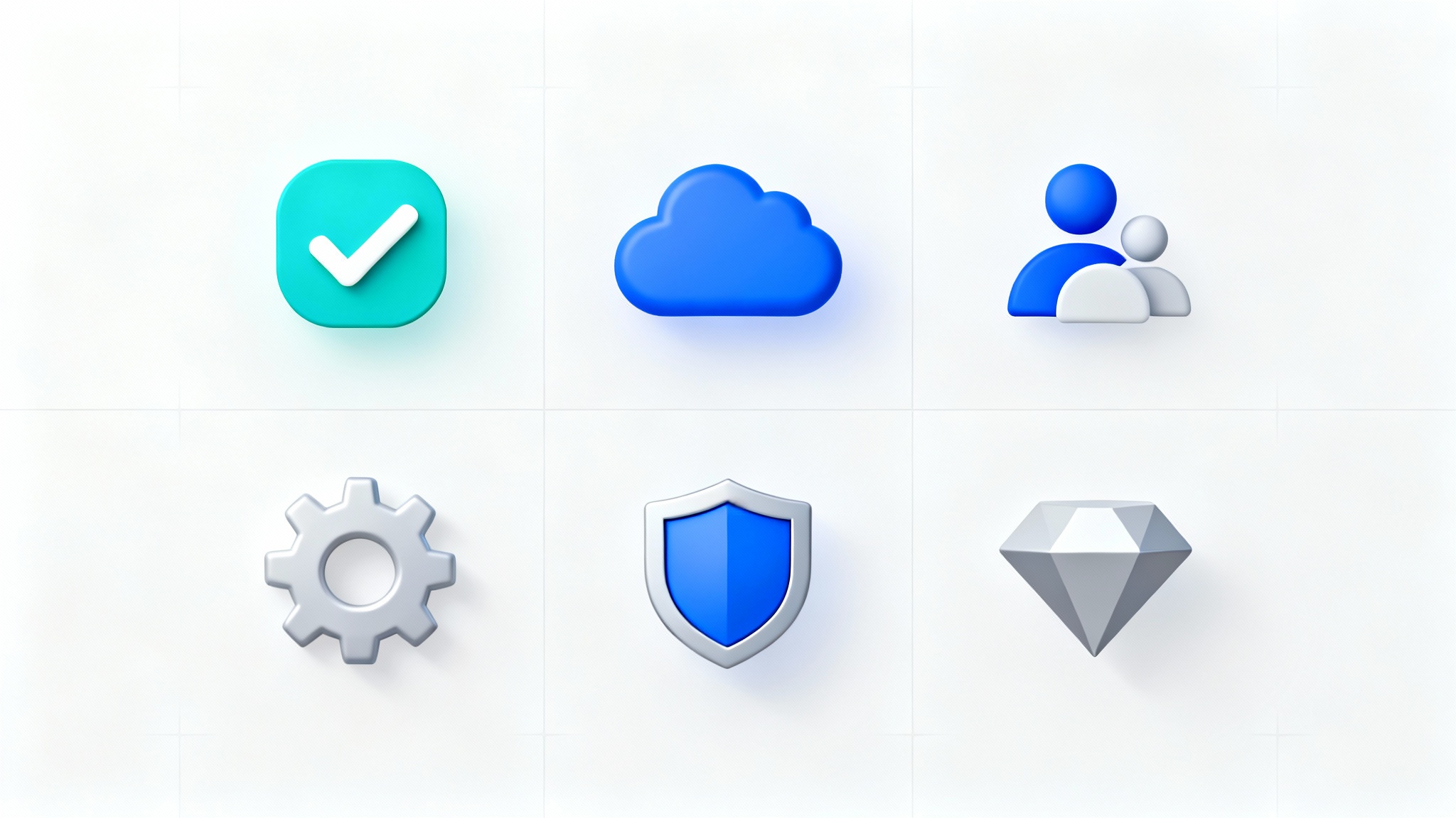 A set of modern 3D icons for a pricing table, including a checkmark, cloud, and diamond, displayed in a grid on a white background.