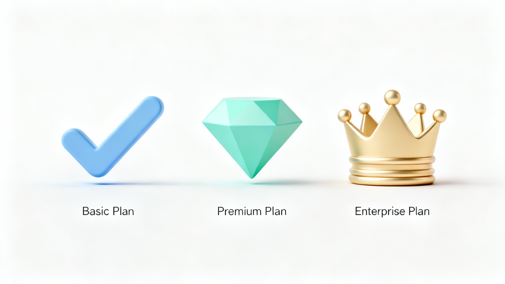 A set of three modern 3D icons for a pricing table, featuring a checkmark, a diamond, and a crown to represent different service tiers, displayed on a clean white background.