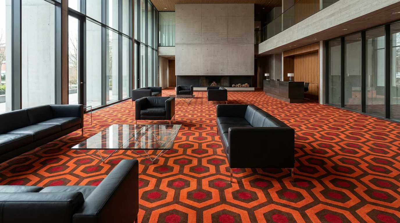 A modern hotel lobby featuring the famous hexagonal carpet pattern from the Overlook Hotel, contrasted with minimalist black furniture and bright lighting.