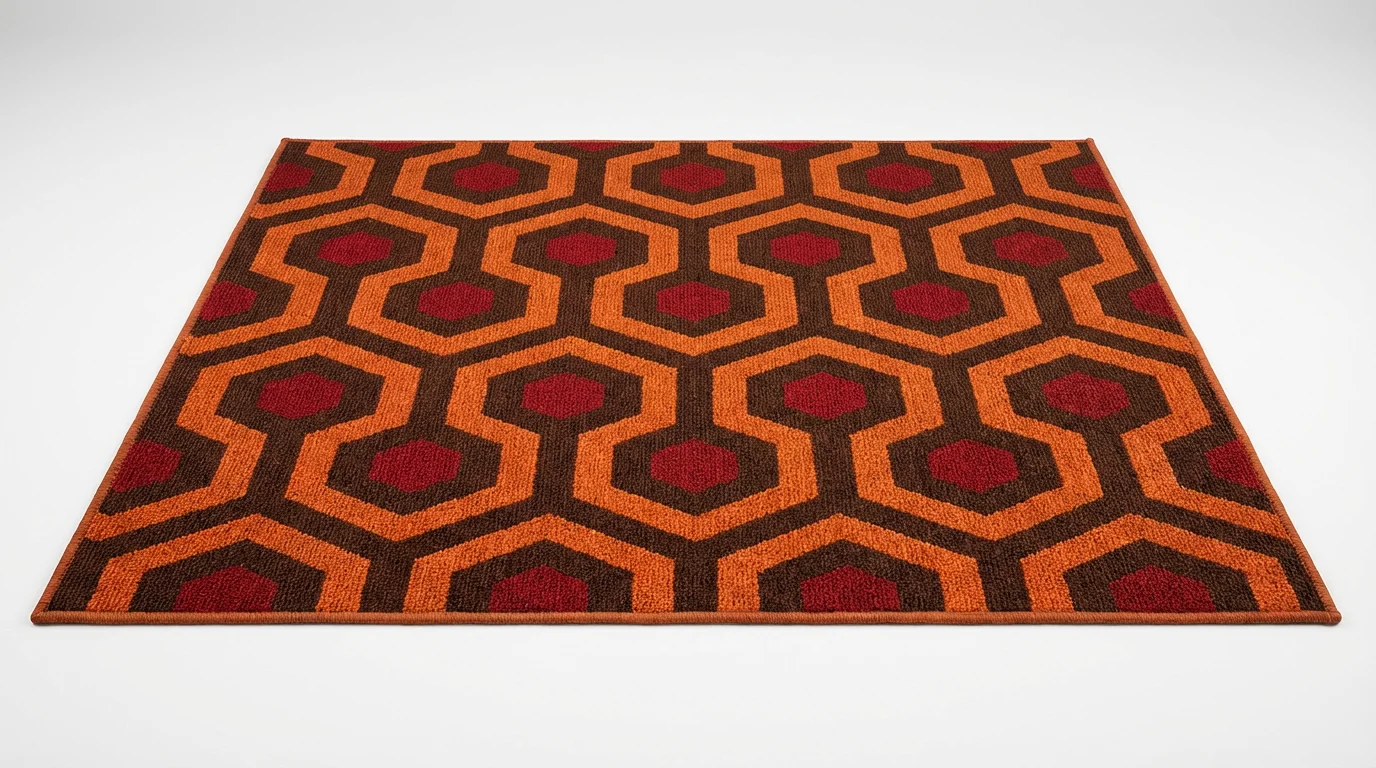 A photorealistic mockup of the iconic Overlook Hotel carpet, featuring its famous orange, red, and brown hexagonal pattern, displayed as a sample against a clean white background.