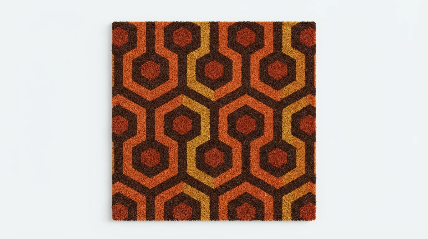 A photorealistic mockup of the iconic Overlook Hotel carpet, showing its hexagonal pattern in orange, brown, and yellow, laid flat against a clean white background.